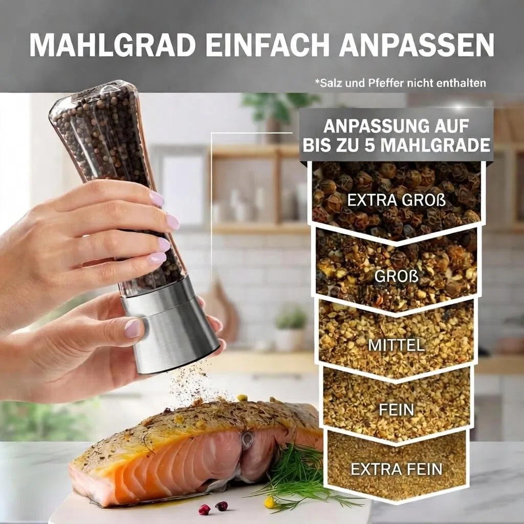 salz und pfeffermühle von HOME EC - Salzmühle und Pfeffermühle - Eistellbare Seesalzmühle & Pfeffermühle – Hohe Salz- und Pfefferstreuer – Pfeffer und Salzmühle mit Trichter und Ebook