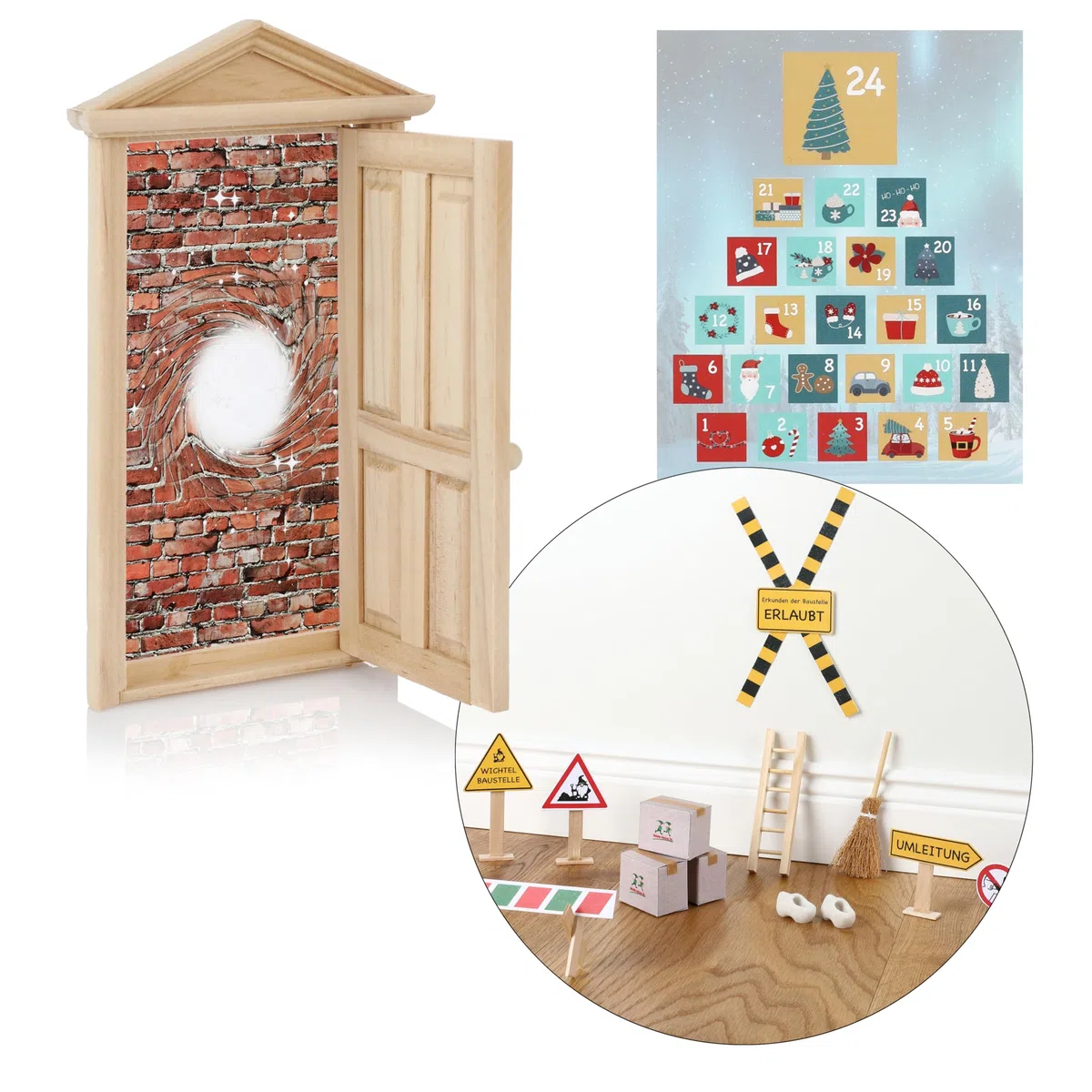 Nordstern Wichteltür Set - Komplettset inkl. Backset, Wichtelbriefe, Baustelle, Adventsakelnder, magischer Tür, Schilder und mehr Zubehör für die Adventszeit, DIY-Dekoration für Weihnachten