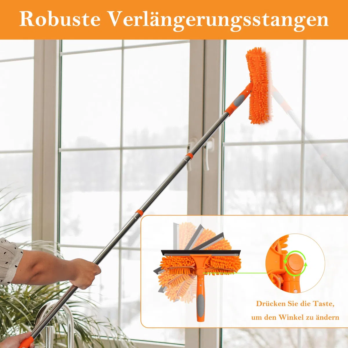 Terafeels 170cm Teleskop Fensterwischer Abzieher Set, 2 in 1 Teleskopstange Fensterreinigung ür Innen und Außen Hohe Fenster Autoglas (Orange)