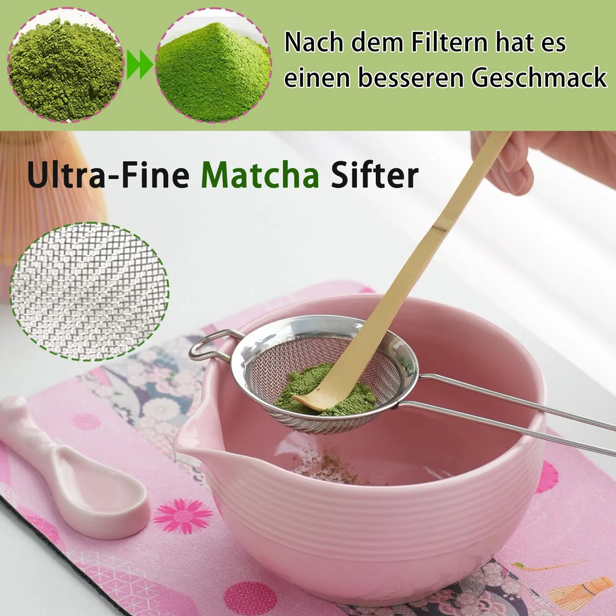Clay&Fire Matcha Set, 9 Teiliges Matcha Besen Set - Bambus Matcha Whisk, Matcha Schale mit Auslauf, Japanisches Matcha Kit für Matcha-Liebhaber, Weihnachtsgeschenke,Geschenk (Streifen Rosa)
