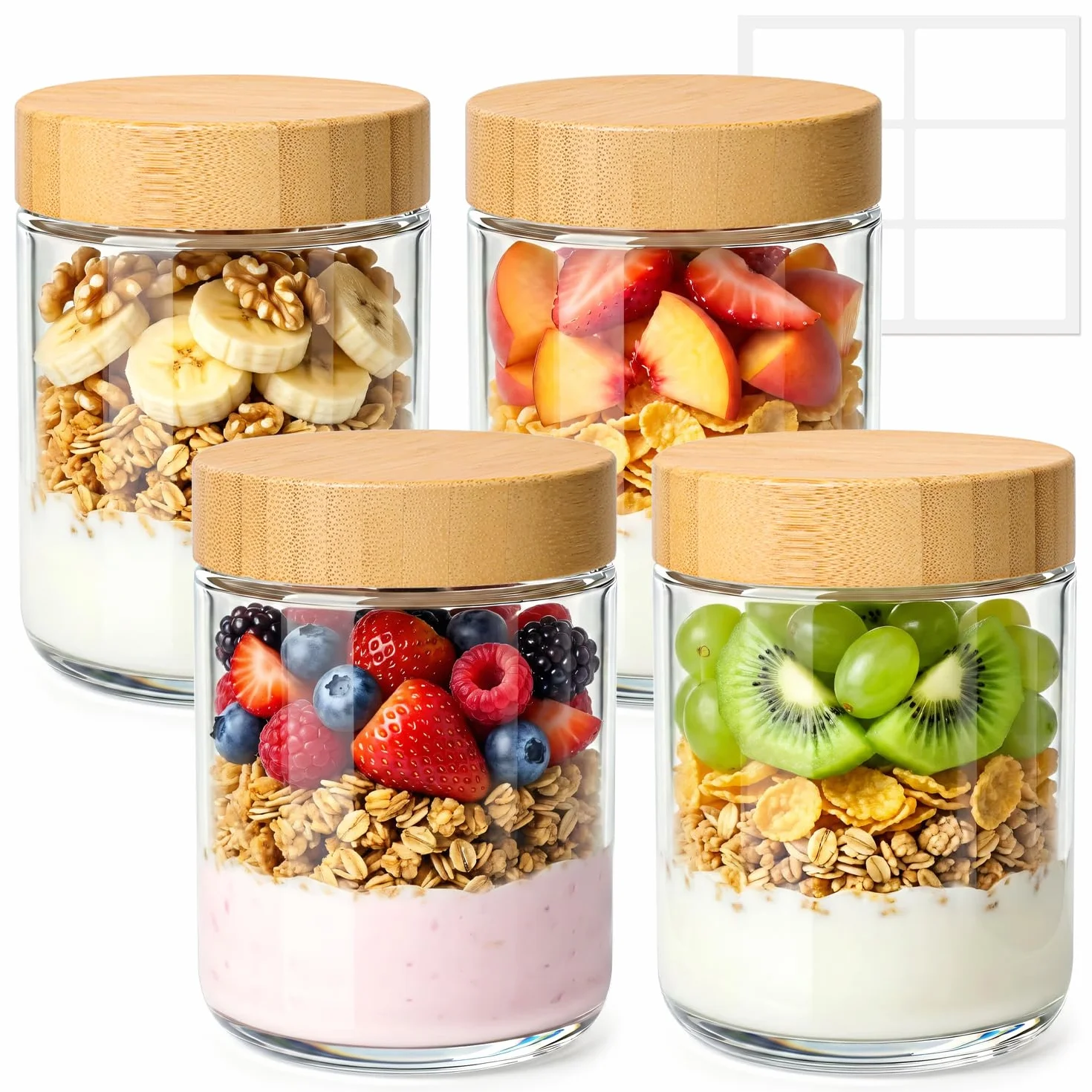 ComSaf Overnight Oats Gläser 4er Set 500ml, Hochwertige Meal Prep Behälter Glas mit Bambusdeckel für Büro Frühstück, Auslaufsichere Joghurtbecher Vorratsdosen für Trockenvorräte Natron-Kalk-Glas