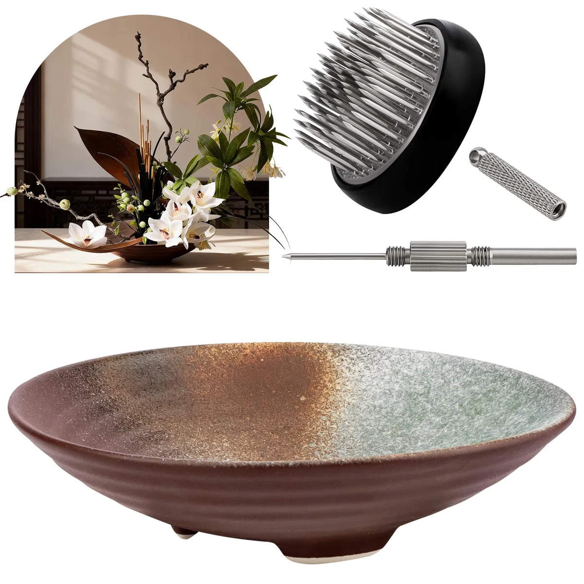 Japanische Ikebana Schale für Stecker Blumenarrangements, Ikebana Keramik Blume Vase Kit (Jahrgang)