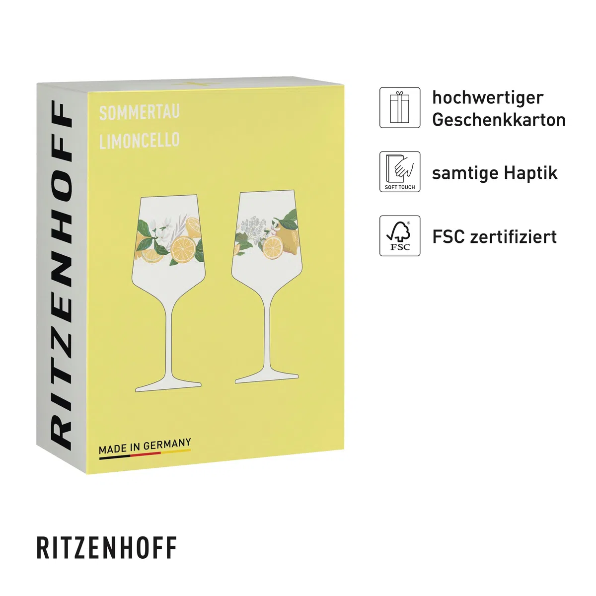 RITZENHOFF 6041006 Limoncello-Glas 500 ml - 2er-Set - Serie Sommertau - 2 Stück für Aperitif, Zitronen-Motiv bunt- Made in Germany