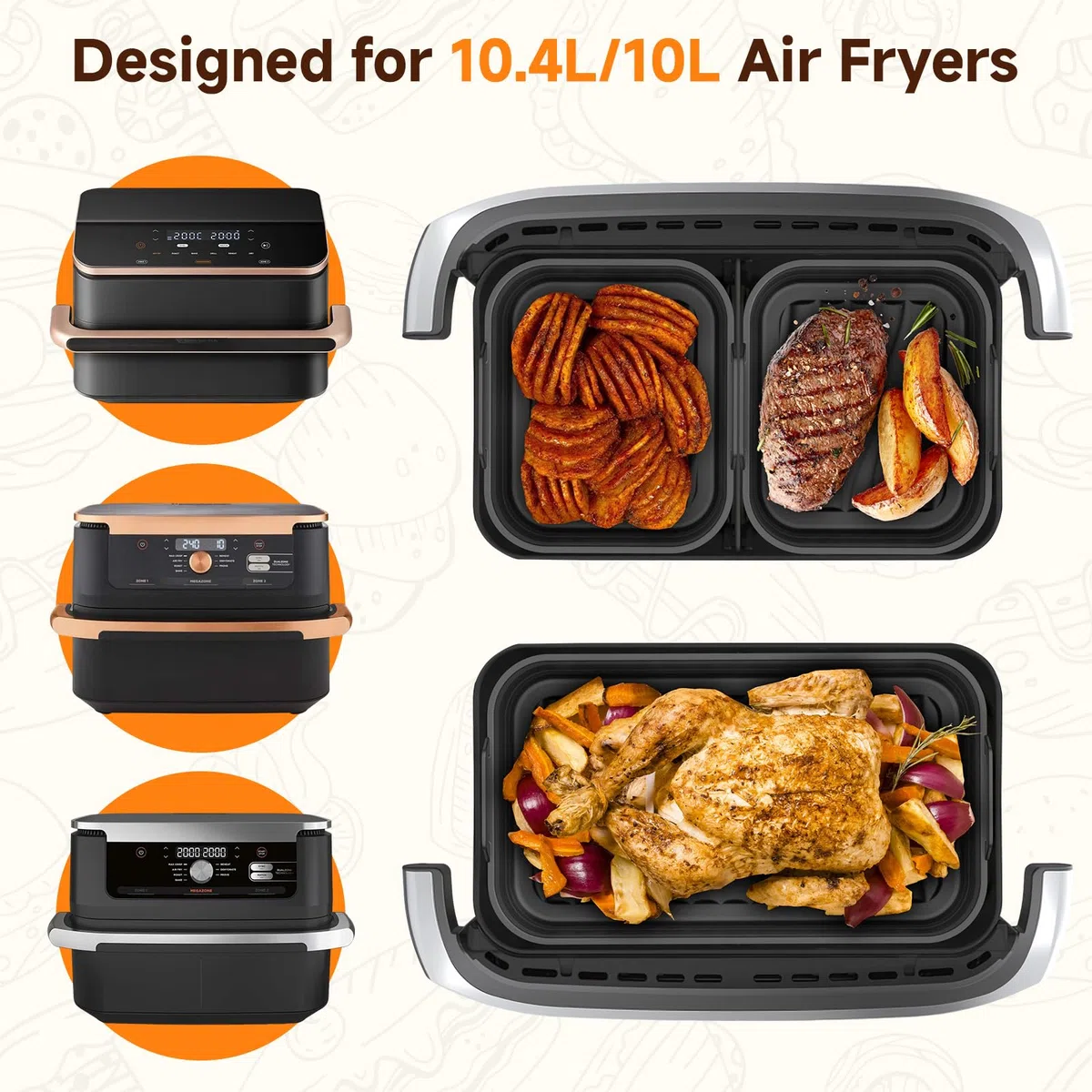 Alyvisun Silikonform für Heißluftfritteuse, 3 Stück Airfryer Silikonformen Wiederverwendbar Silikon Backform Zubehör Auflaufform Faltbar Einsatz Mold für 10 L/10,4 L Air Fryer (1x10,4 L+2x5,2 L)