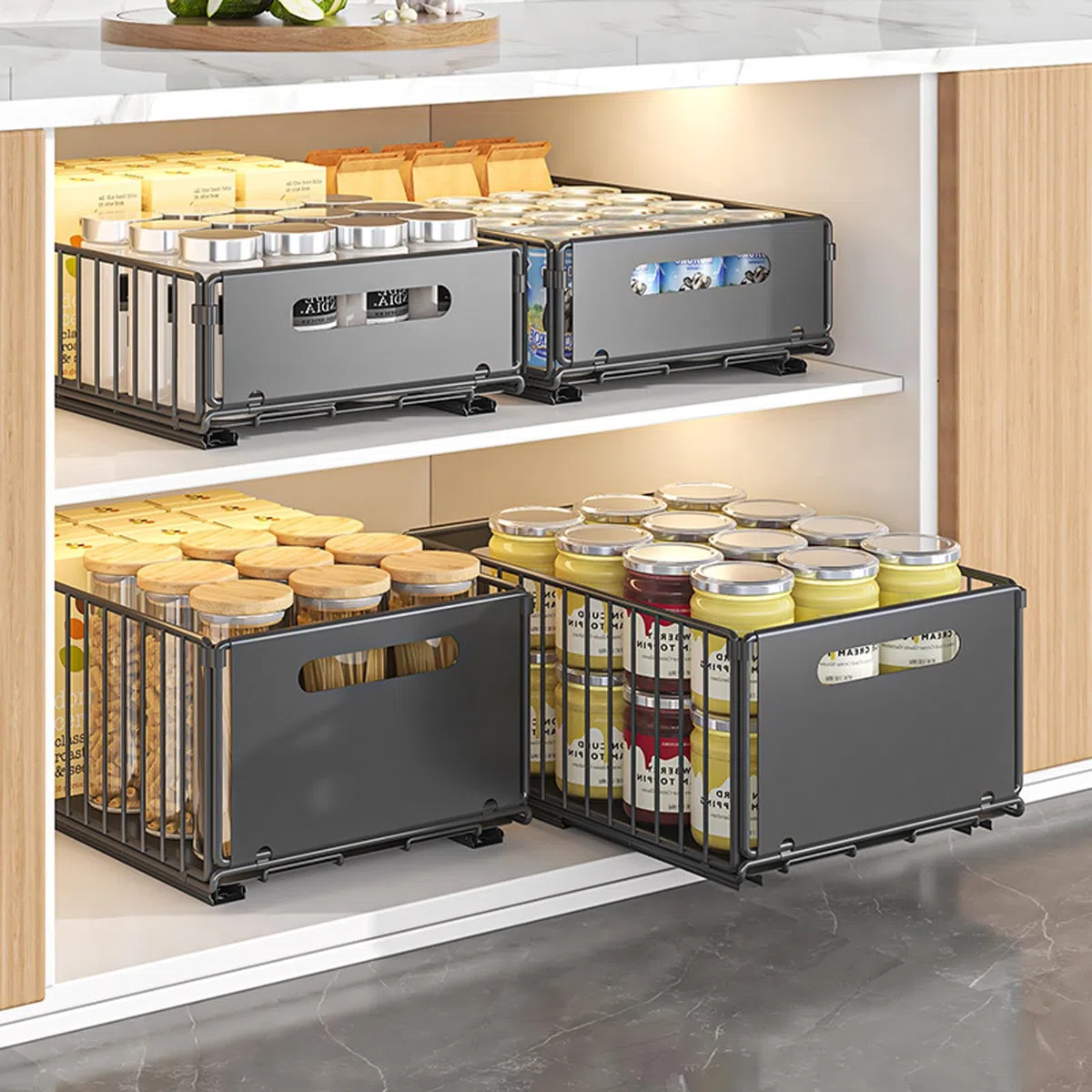 4Pack Faltbarer Ausziehbarer Schrank-Organizer, Ausziehbare Schubladen-Regalaufbewahrung, Küchenschrank Innenschublade Organizer Ausziehbar für Speisekammer und Badezimmer (2 Large + 2 Small)