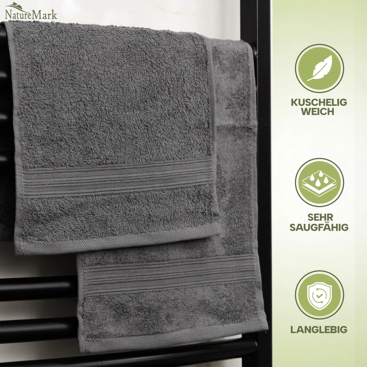NatureMark Gästetücher – 12er Pack (30x50 cm), 100% Baumwolle, Oeko-Tex Zertifiziert, weich, saugfähig und pflegeleicht – Für Bad, Gäste & Spa – Anthrazit/Grau
