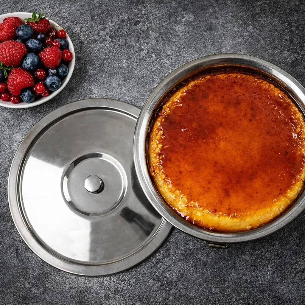 Menax Puddingform mit Deckel Edelstahl 20 cm - Wasserbadform für Flan, Pudding & Soufflé - Puddingformen zum Stürzen, Dessertform Edelstahl, Creme Brulee Form, Förmchen für Pudding