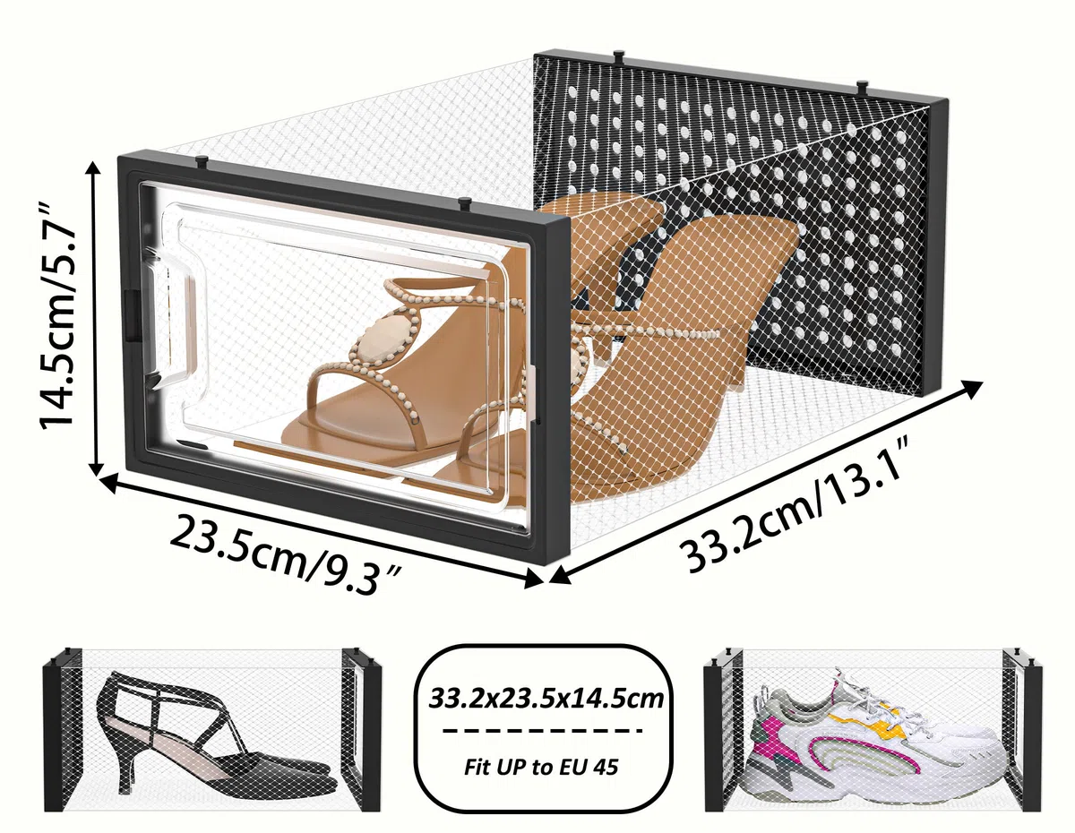 HOMIDEC Schuhboxen, 12er Pack Schuhboxen Stapelbar Transparent, Schuhorganizer Schuhaufbewahrung, Schuhkarton mit Deckel für Schuhe bis Größe 45, Schwarz