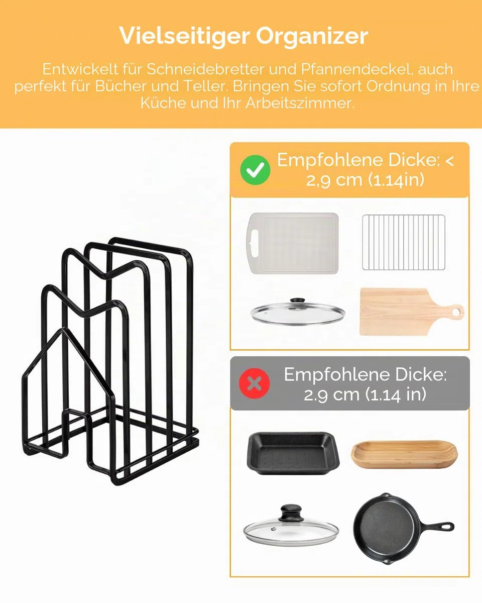 LINFIDITE Metall Schneidebrett-Rack,Schneidebrett-Organiser Ständer Halter Topfpfannendeckel-Halter für Küchenarbeitsplatte, 12.5x14.5x21.5cm, Schwarz