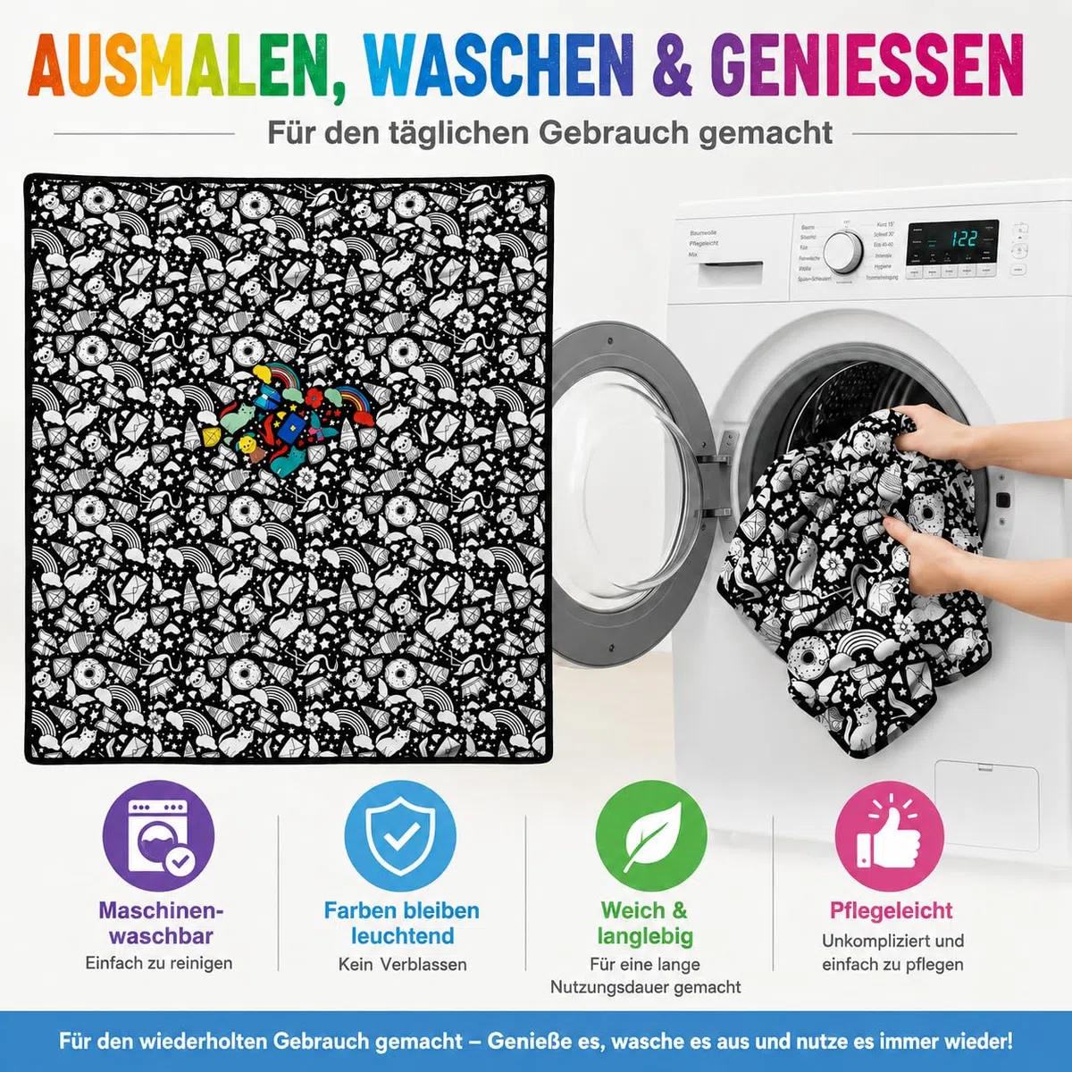VEELU DIY Maldecke Decke zum Ausmalen mit 24 Stoffmalstiften, Decke zum Bemalen Erwachsene, Maldecke zum Ausmalen 150 x 115 cm, Kreative Geschenk für Familie & Freunde