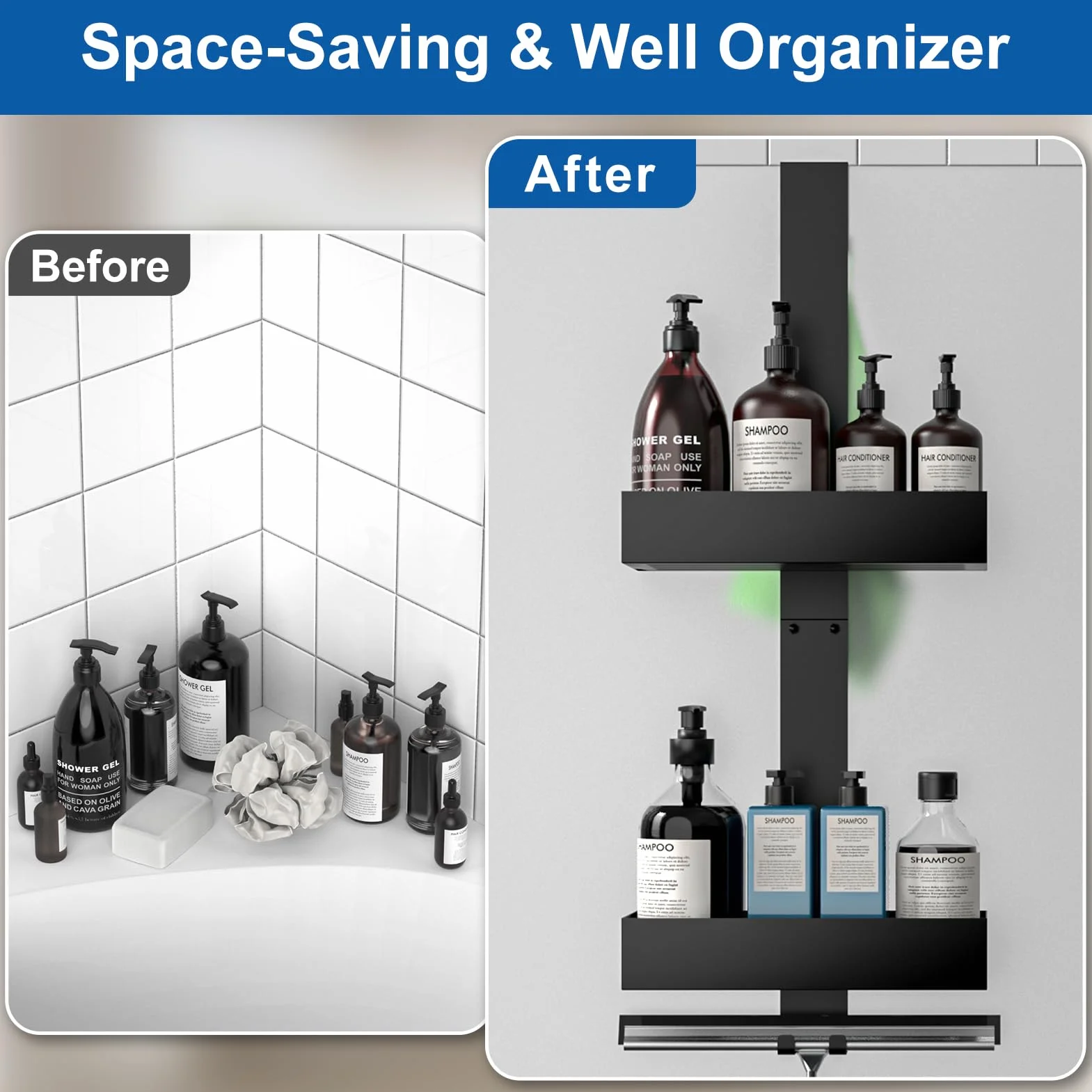 Duschablage zum Hängen, Duschregal Ohne Bohren für Rahmenlos Glastür, Badezimmer Organizer Shampoo Halterung für Dusche Schwarz