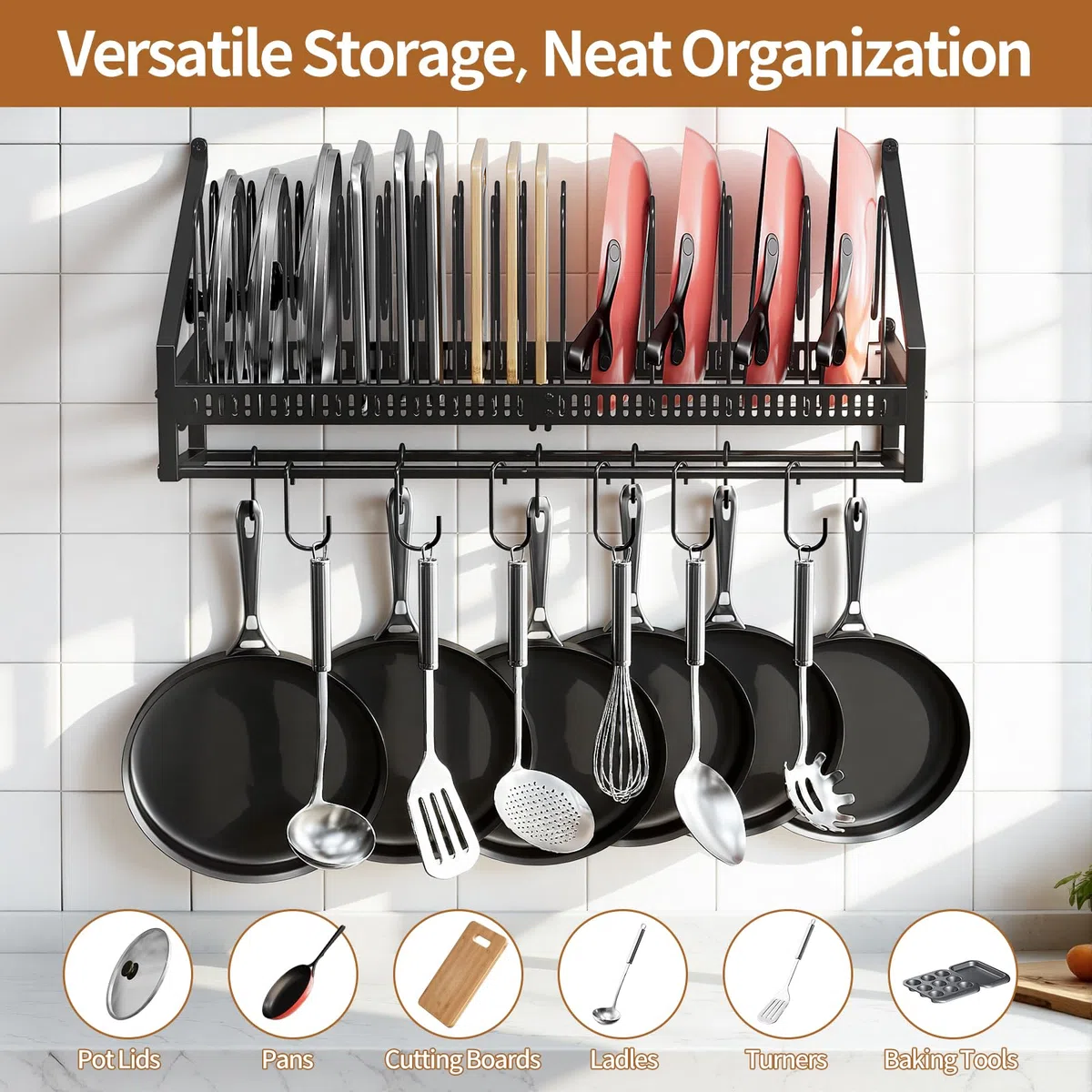 Housolution Pfannenhalter Wand, 63cm Robuster Topfdeckel Organizer Topfdeckelhalter mit 14 Verstellbare Fächer, Pfannen Halterung Deckelhalter Hängend mit 6 S-Haken & 6 Vertikale Haken