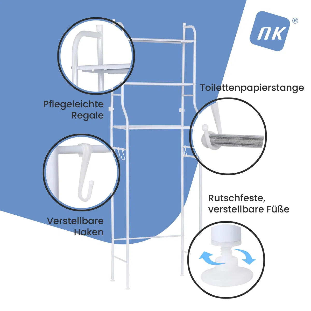 NK Badezimmerregal über Toilette – 153 x 47 x 26 cm, 3 obere Regalböden, 3 Haken, Toilettenpapierhalter, rutschfeste Füße, Struktur aus Eisen und Polypropylen, Weiß, einfache Montage