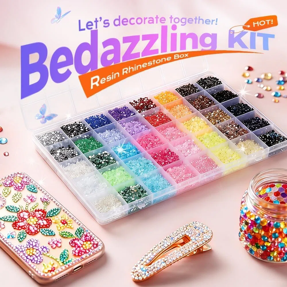 Strasssteine Set - 32000 Teiliges Glitzersteine zum Basteln, 40 Farben Bedazzler Kit with Glue, 3mm Rhinestones für Basteln Nägel Textilien Diamond Painting (A)