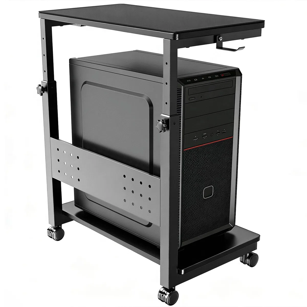 Computer Tower Ständer mit Rollen - Höhenverstellbar von 50.5 cm bis 80.5 cm, 2 stöckiger PC Ständer mit Rollen und Maus Pad, Max. Belastung pro Ebene 40 kg für Gaming, Büro, Zuhause, Schwarz