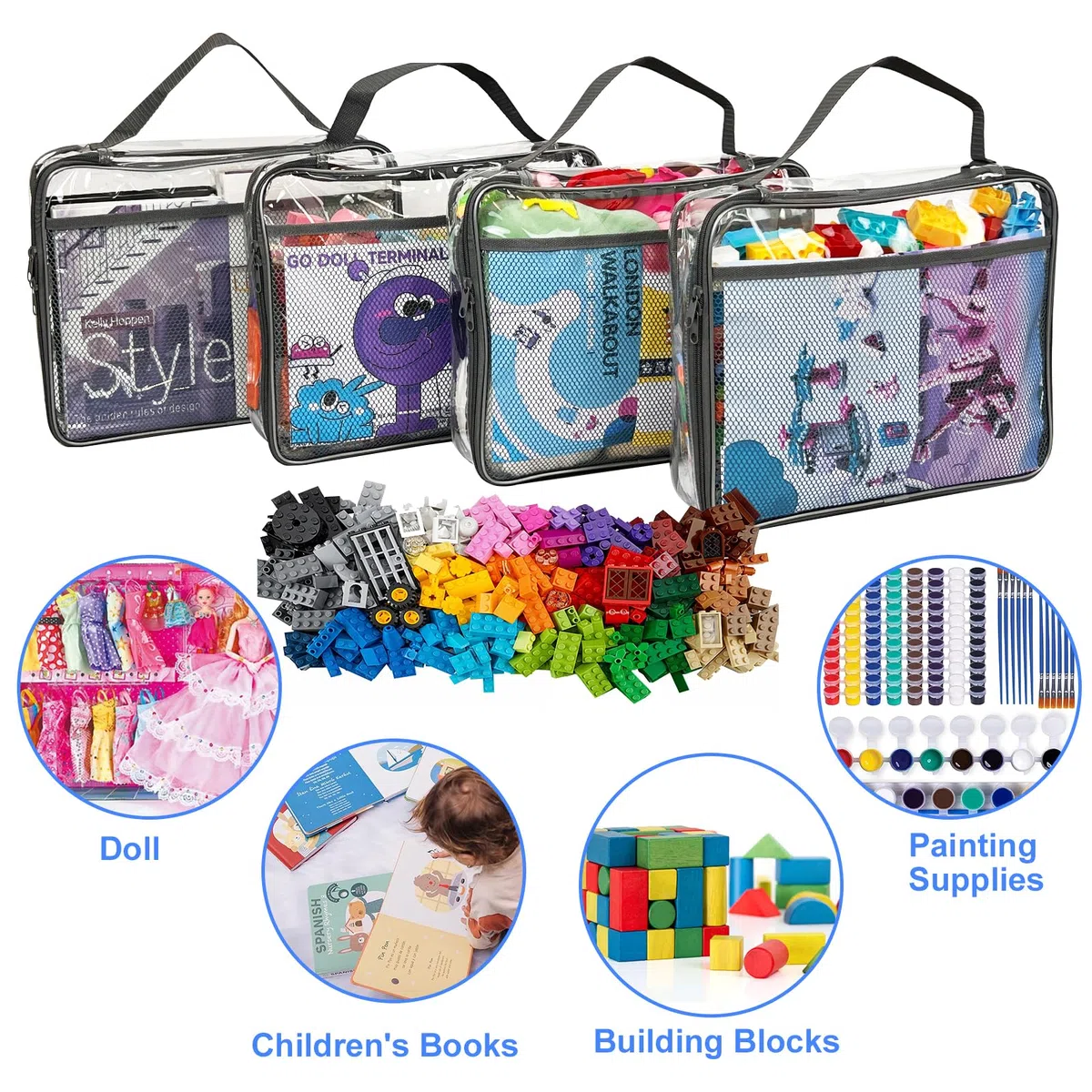 4er PVC Aufbewahrungstaschen für Spielzeug Toilettentaschen mit Reißverschluss Netzseitentaschen für Badespielzeug Puzzle,Bausteine(9x3x11.8inch)