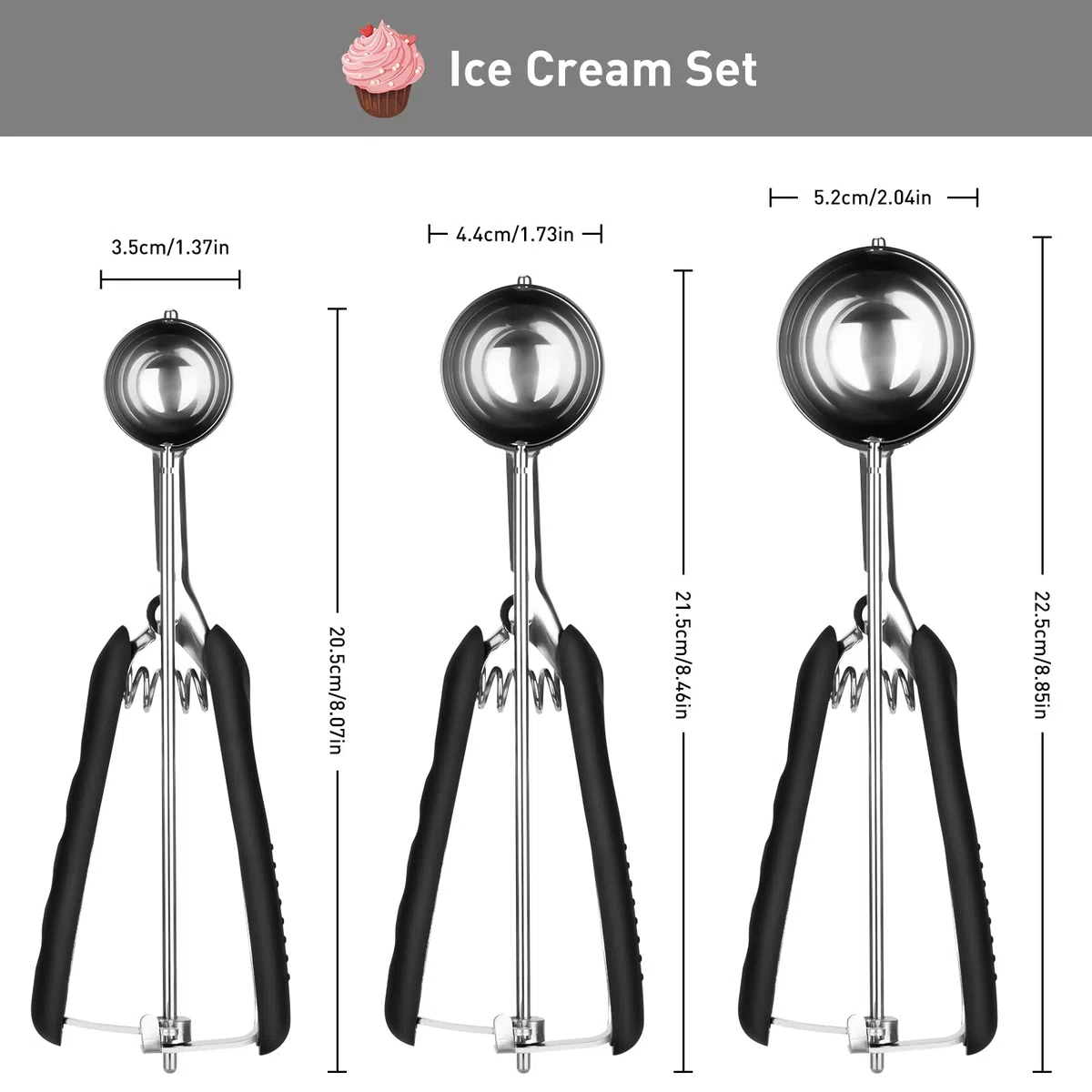 3 Stück Eisportionierer Set 304 Edelstahl für Eiscreme Melone Fleischbällchen Kuchen Teig Plätzchen Keksteig Reis 3 Größen Eisportionierer