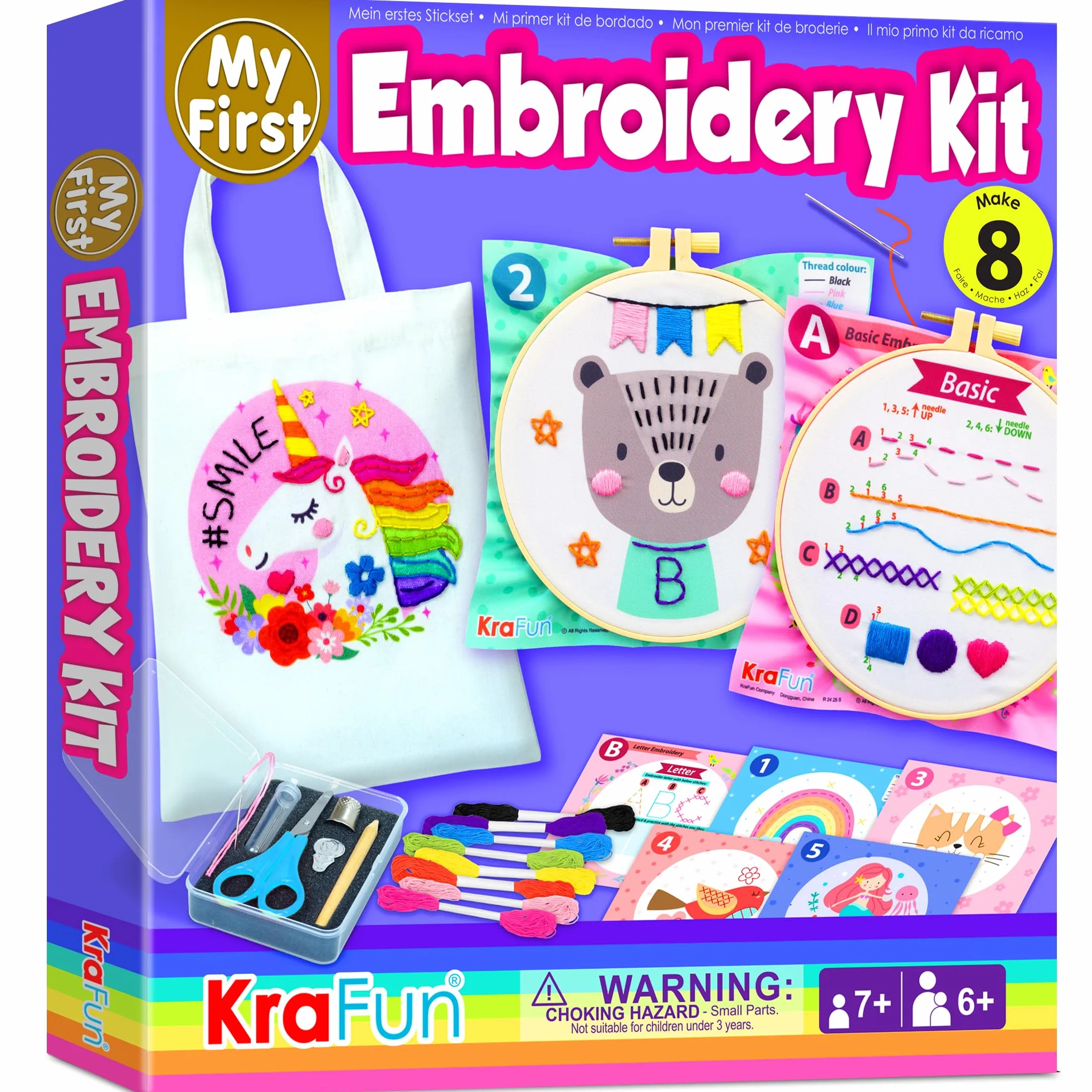 KRAFUN Mein erstes Stickset für Anfänger, Kinder und Jugendliche, einfache Stickmuster, Handstickerei-Set enthält Reifen, Tuch, Anleitung für Stiche, Anfänger-Stickset für Erwachsene