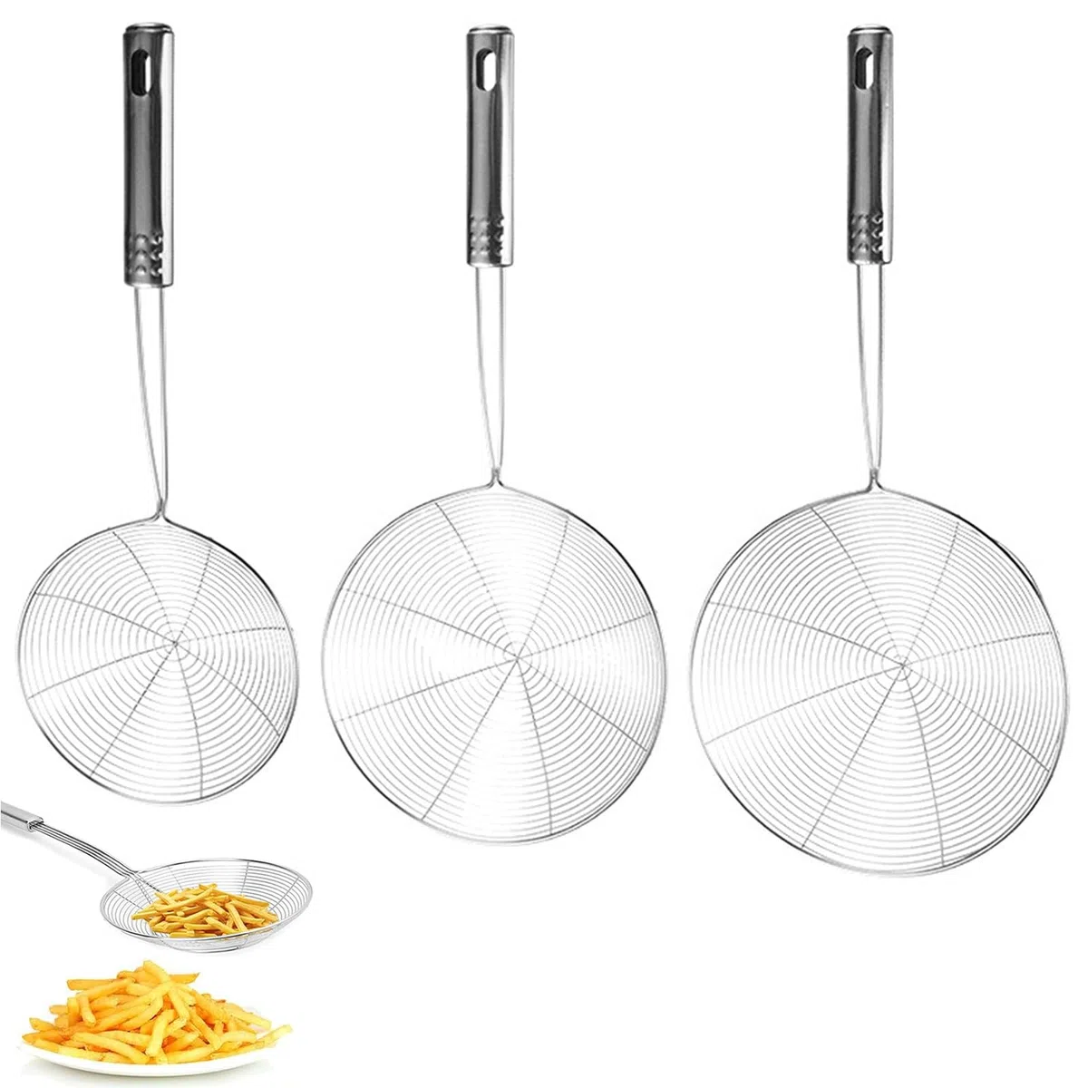 3 Stücke Spinnennetz-Schöpflöffel aus Edelstahl, Edelstahl Löffel Filter Set, Kochabschäumer, Schaumlöffel, Abseihlöffel, Küchenkelle aus Drahtnetz mit Griff, 3 Größen, für Skims Fat Scum