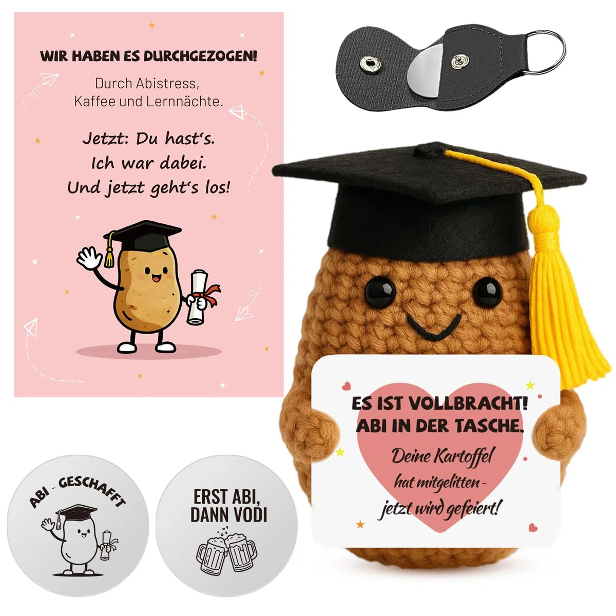 Abitur Geschenke 2026 - Positive Kartoffel, Pocket Hug Strickwolle Glückskartoffel mit ABI Glücksbringer Prüfung & Grußkarte, Abitur 2026 Geschenke für Mitschüler und Freunde