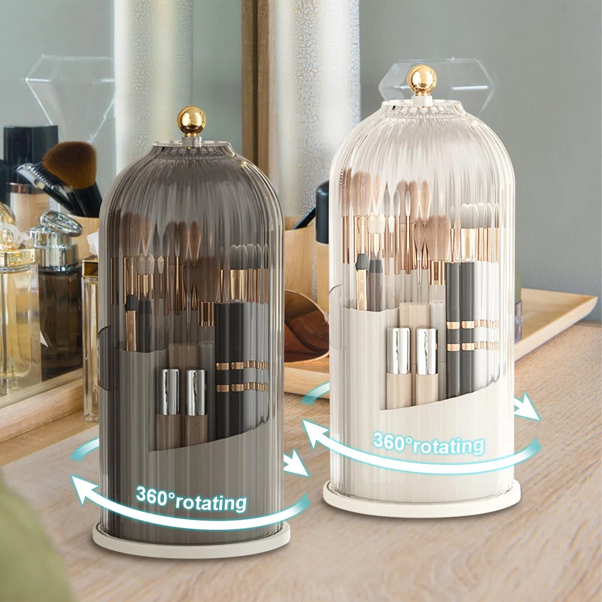 Make Up Kosmetik Organizer, 360 drehbarer Make-up-Pinselhalter, Organizer, transparent, staubdicht, Make-up-Pinsel-Organizer mit Deckel für Schminktisch, Badezimmer, Schlafzimmer (transparent)