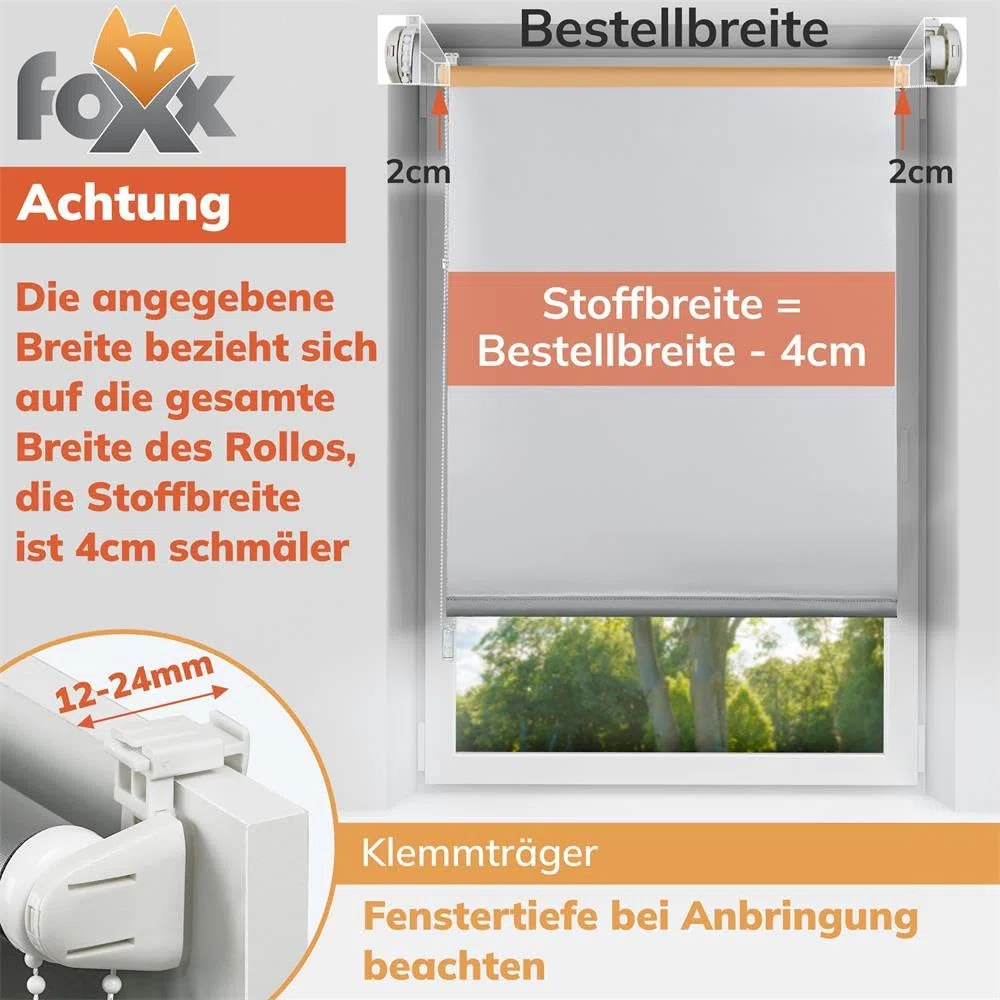 FOXX Thermo Rollo [FÜR Fenster OHNE Bohren] 90x140 cm Grau/Innenrollo Verdunklungsrollo als Sichtschutz/Klemmfix Montage/Für Schlafzimmer, Wohnzimmer, Küche, Büro, Kinderzimmer
