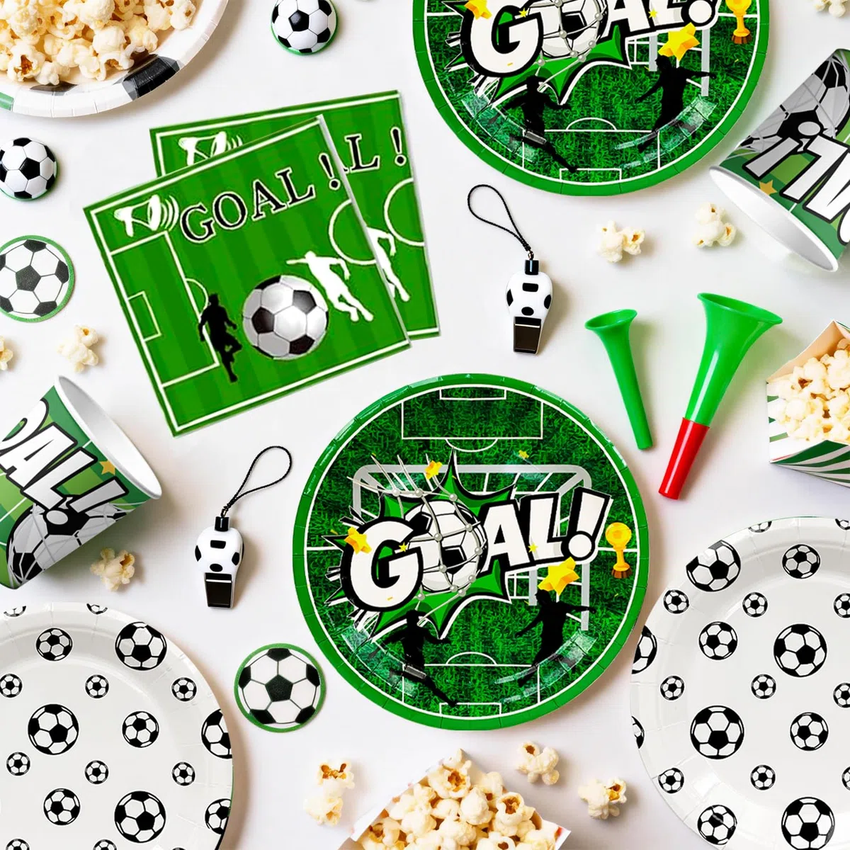 Fussball Deko Geburtstag,137 Stück Fußball Partygeschirr Set Party Pappteller Tasse Tischdecke Luftballon Banner etc Fußball Deko Geburtstag