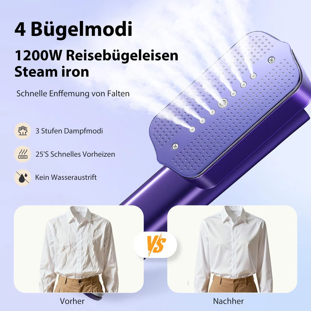 2-in-1 Tragbarer Dampfglätter, 1200W Dampfbügeleisen Handdampfer für Kleidung 15s Schnellaufheizung Reisebügeleisen Steam Iron Steamer Hand Bügeleisen mit LED Display, 4 Bügelmodi