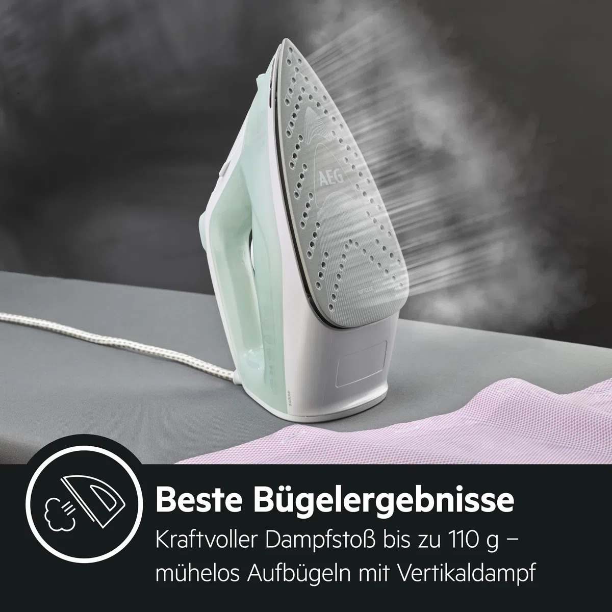 AEG Dampfbügeleisen, 2400 W, 110g Dampfstoß, 0-30g Dampf/Min., Restwärmeanzeige, Keramik Bügelsohle, Gleitfähigkeit, 250 ml Wassertank, 2 m Kabel, Anti-Kalk System, Hellgrün, weiß, DB 1740LG