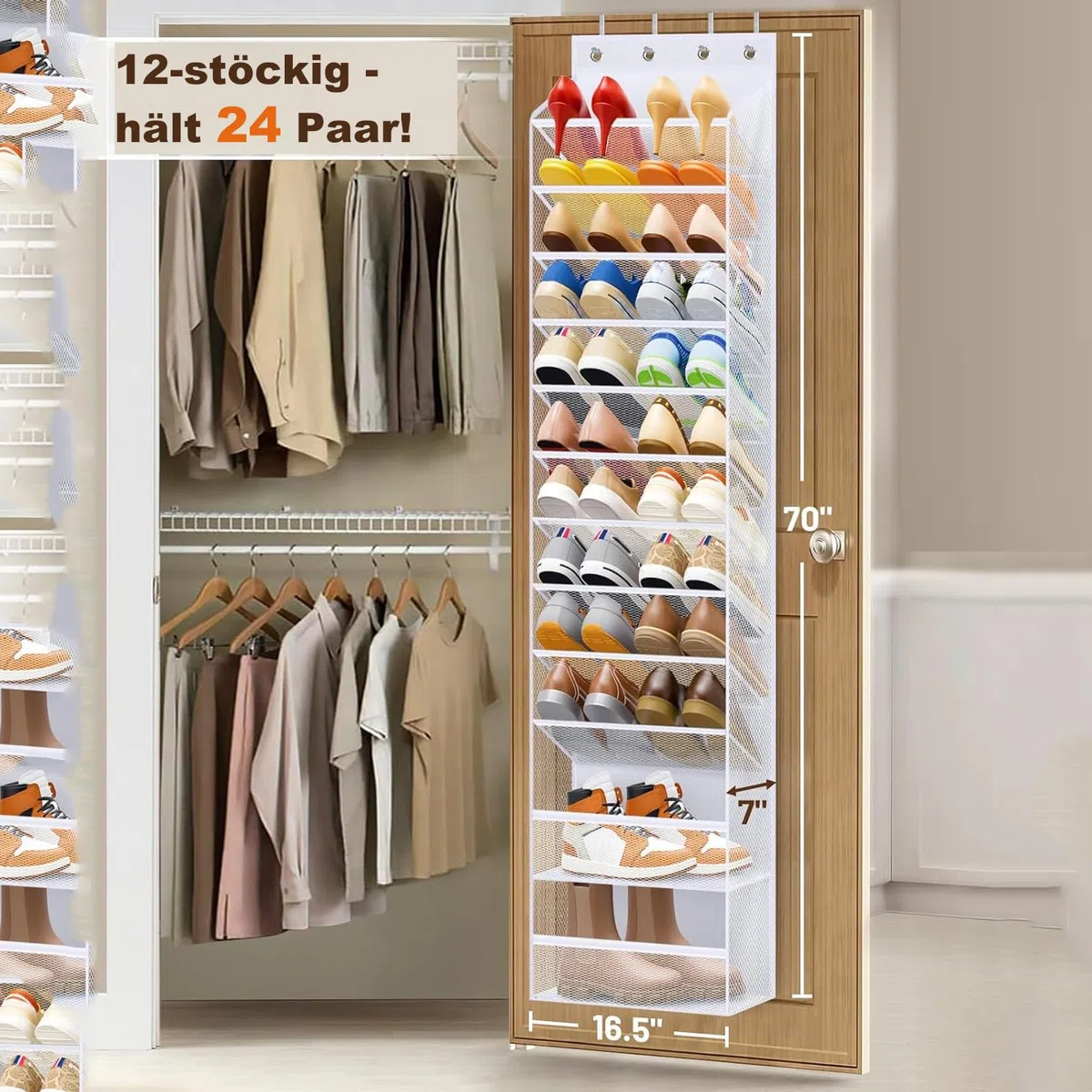 MISSLO 12 Fächer schuhregal schmal, Große Kapazität tür schuh organizer für schrank, schuhaufbewahrung hängend Platz für 24 Paar Sandalen, High Heels, Stiefel (Weiß)