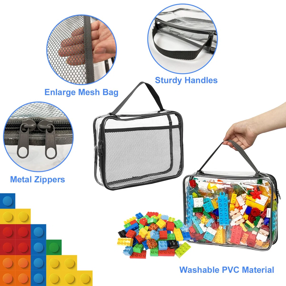 4er PVC Aufbewahrungstaschen für Spielzeug Toilettentaschen mit Reißverschluss Netzseitentaschen für Badespielzeug Puzzle,Bausteine(9x3x11.8inch)