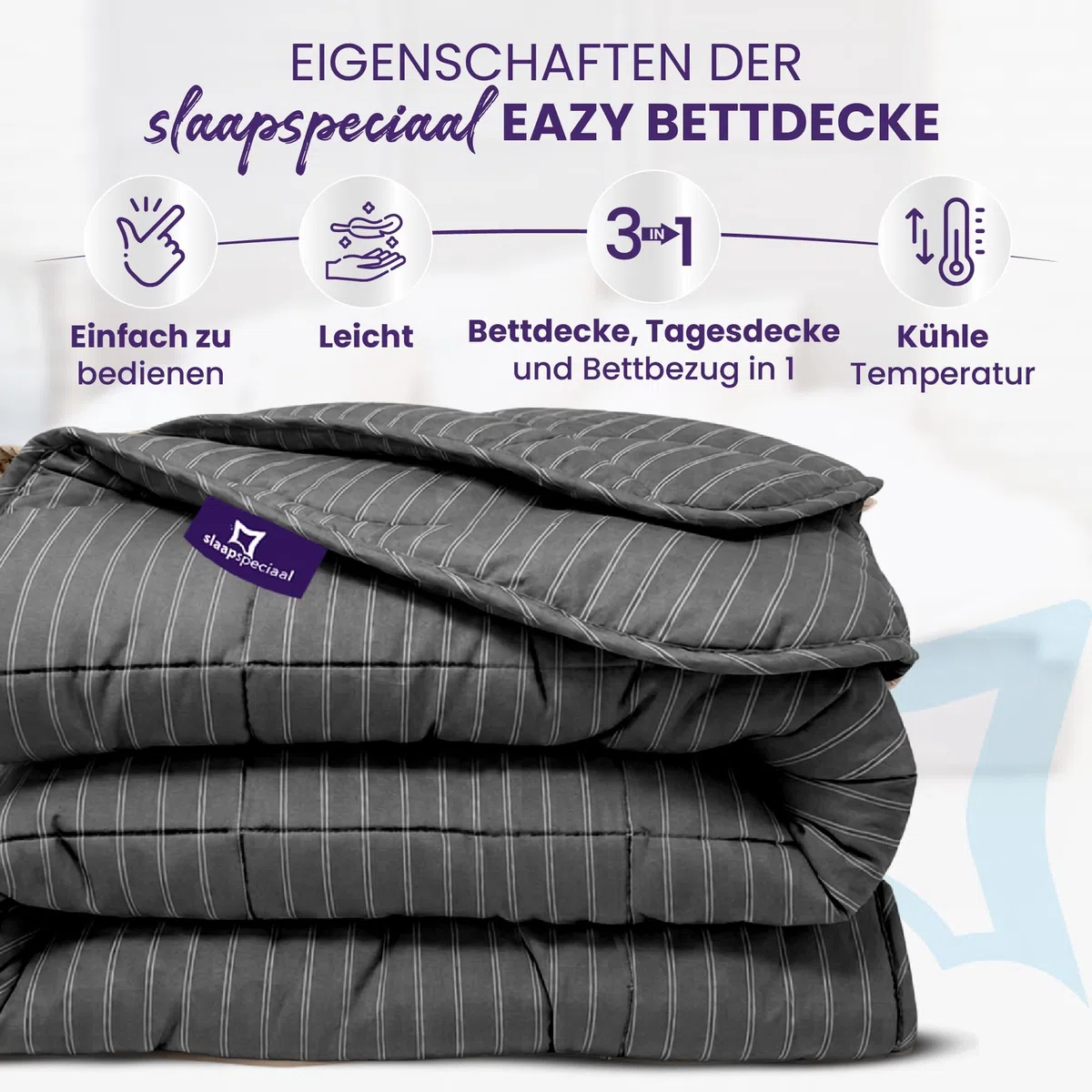 Sommerbettdecke 140x200cm - Bettdecke ohne Überzug [Hitzeklasse 4] Luftig, Leicht & Kühlend - Dünne Allergiker Sommerbettwäsche - Antrazit gestreift