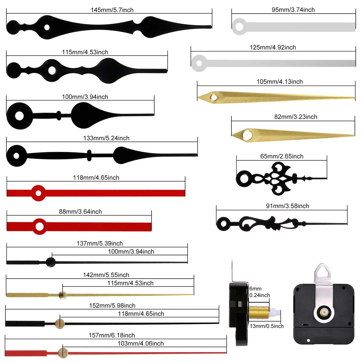 6 Stücke Quarz Uhrwerk Mechanismus uhrwerk für wanduhr uhrwerk mit zeiger mit 6 Paaren Verschiedene DIY Uhrzeiger Batteriebetriebene Ersatzteile Ersatz Motor Kits (13 mm/ 0,5 Zoll)