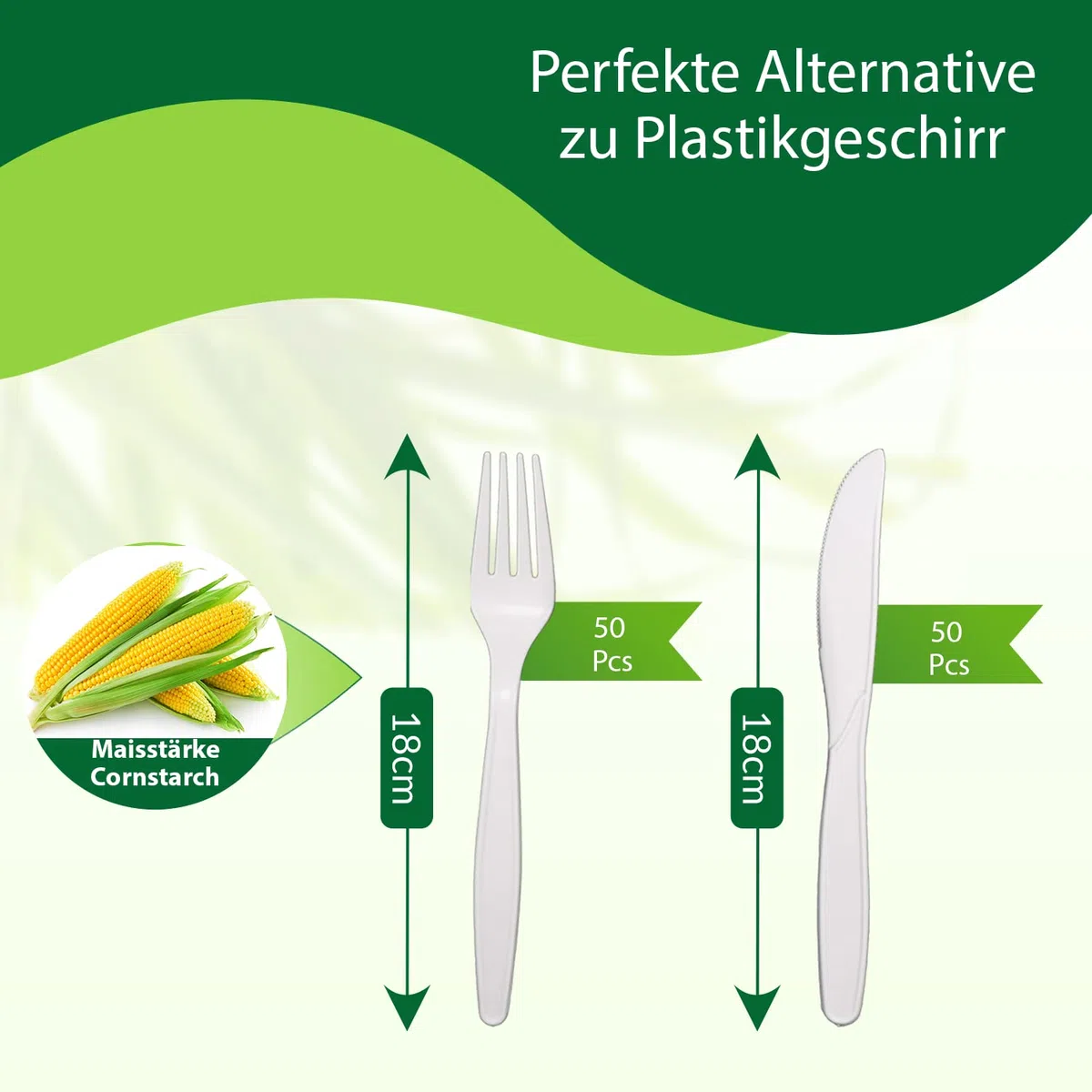 Umweltfreundliche Mehrweg Besteck|100 Stück (50 Kompostierbare Gabel, 50 Kompostierbare Messer)|Plastikfrei|Biologisch abbaubar Besteck