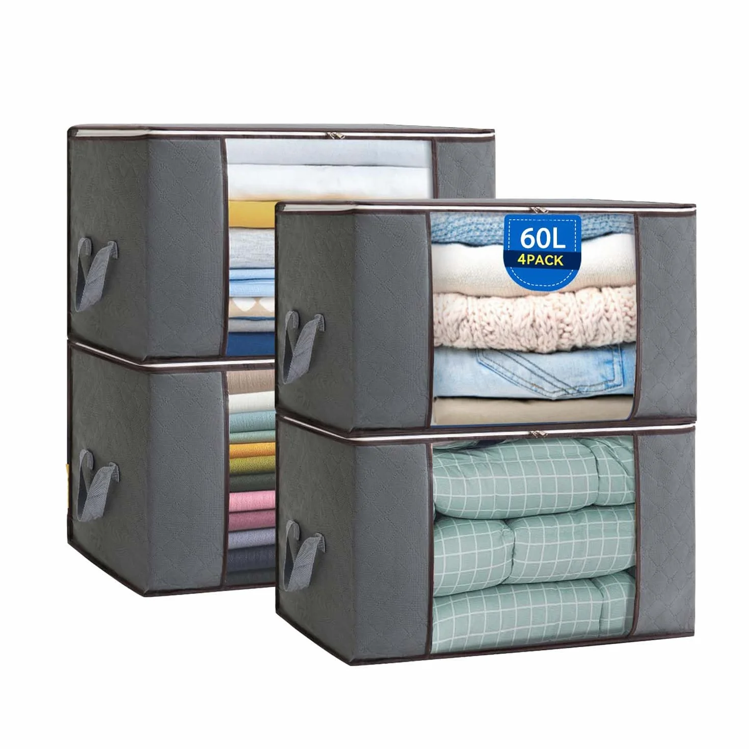 4 Stück Aufbewahrungstasche, Aufbewahrungsbox Mit Deckel 60L, Aufbewahrung Kleidung, Faltbare Aufbewahrungsbox Kleidung für Bettdecken Decken Kleidung Unterbett Kleiderschrank
