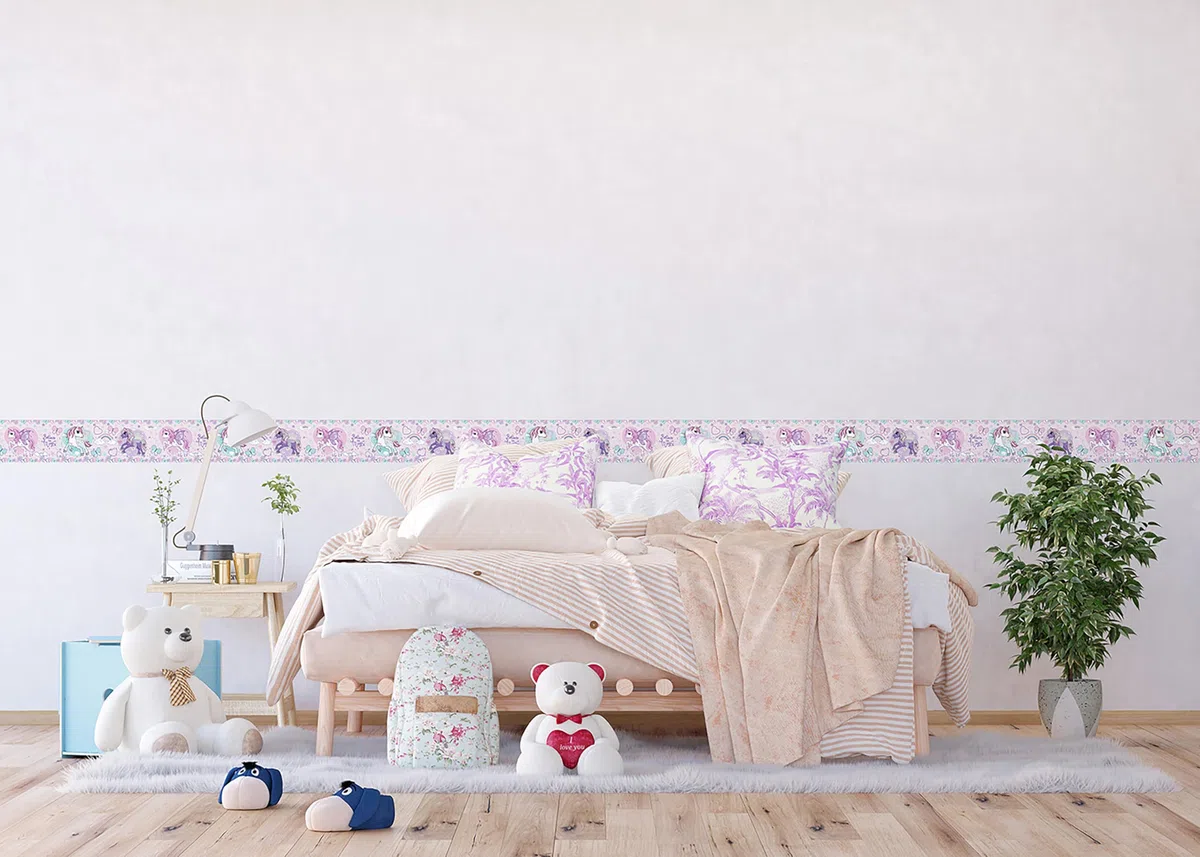 Selbstklebende Bordüre Einhorn AG Design, AWBD 8026 | Wasserfest Kinderzimmer Wand Aufkleber Dekoration | Wandbordüre für Mädchen und Junge | Folie, Mehrfarbig | Breite 500 cm x Höhe 13.8 cm