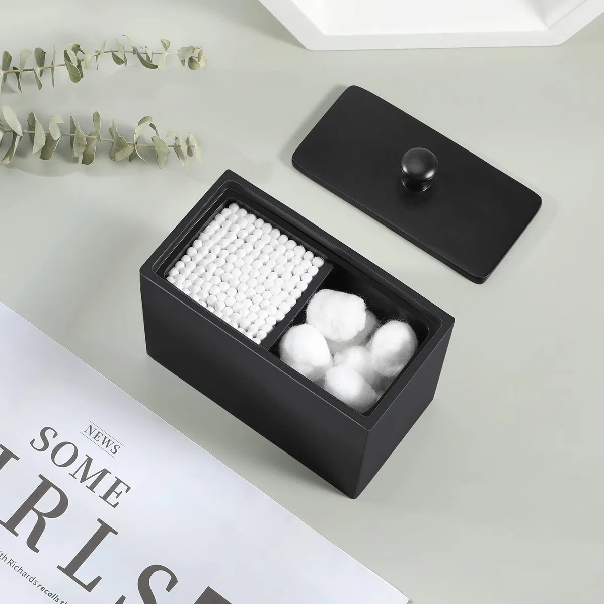 Luxspire Wattestäbchen Behälter & Wattepadspender, 2 Fächer Wattestäbchen Halter Spender Makeup Organizer Aufbewahrungsbox mit Deckel für Wattestäbchen Q-Tips Wattepads Baumwollbehälter, Matte Schwarz