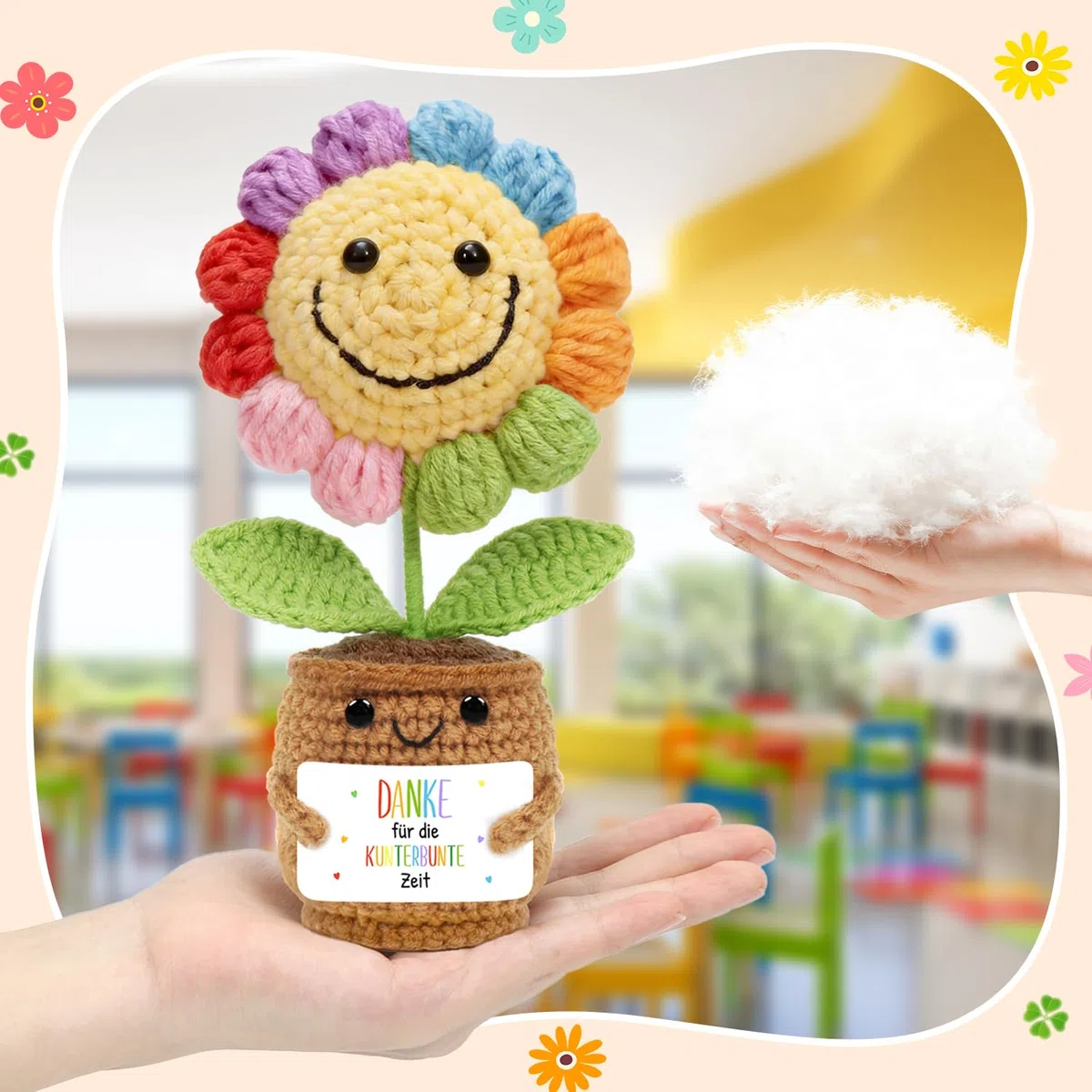 HUKUMA Gestrickte Sonnenblumen,Dankeschön Gehäkelte Pocket Hug Positive Blume,Häkelblumen Erzieherin Geschenk,Danke Erzieherin Abschied,Abschiedsgeschenk Erzieher, Weihnachten Neujahr Glücksbringer