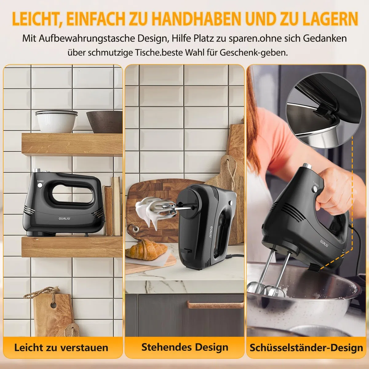 Elektrischer Handmixer 300W mit Edelstahl Schneebesen, Knethaken, Elektrische Handrührer,Turbo Boost /5 Geschwindigkeit, Handrührgerät für Backen Kuchen, Eier Sahne Lebensmittel-Mixer (Schwarz)