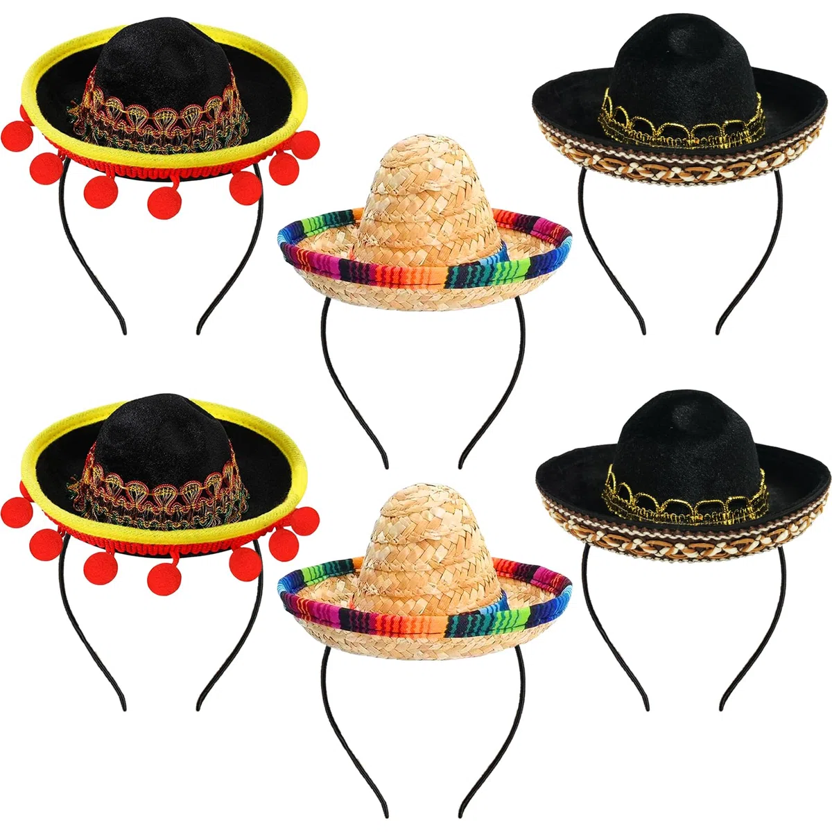 Set von 6 Cinco de Mayo Stroh Sombrero Stirnband Stoff Partyhüte mit Ball Fransen Dekoration für Fiesta Hut Partyzubehör, Perfekt für Fiesta, Dia de Muertos & Mexiko-Themenpartys