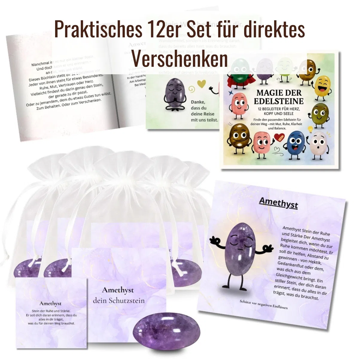 Milaboo Magie der Edelsteine – 12x Glückssteine mit Bedeutung & Karte im Organzasäckchen – Dekoratives Geschenkset mit Broschüre – Mutstein & Schutzstein