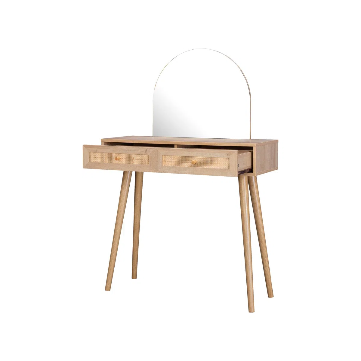 sweeek - Schminktisch mit abgerundetem Spiegel und 2 Schubladen mit Rattan-Geflecht, skandinavischer Stil, B 90 x T 35 x H 135,5 cm - Bohème