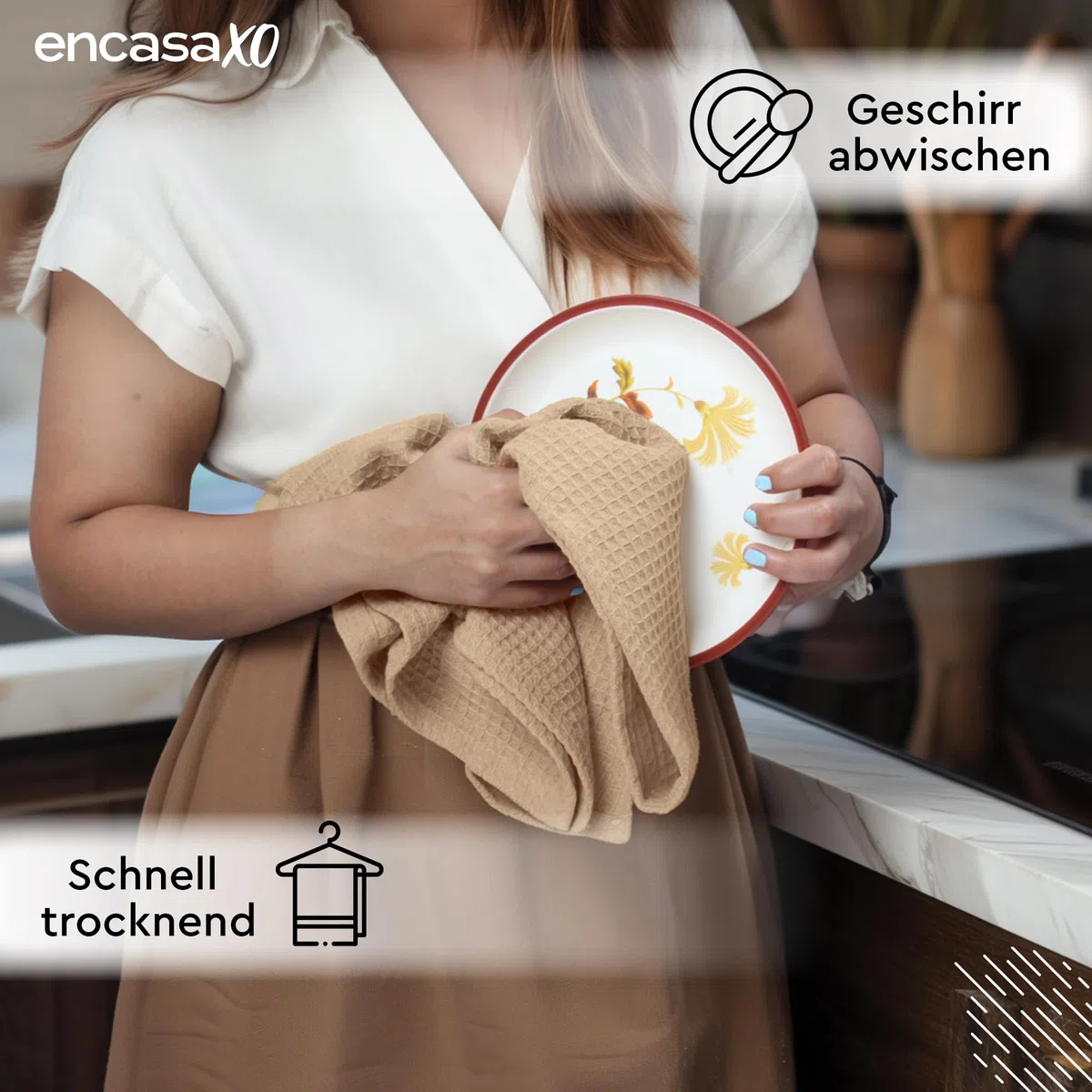 Encasa XO Küchenhandtücher und Waschlappen aus Baumwolle | Beige | Waffel und Flachgewebe-Geschirrtuch | Geschirrtuch-Set | 70x45 cm, Wiederverwendbar und schnell trocknend 4er-Set