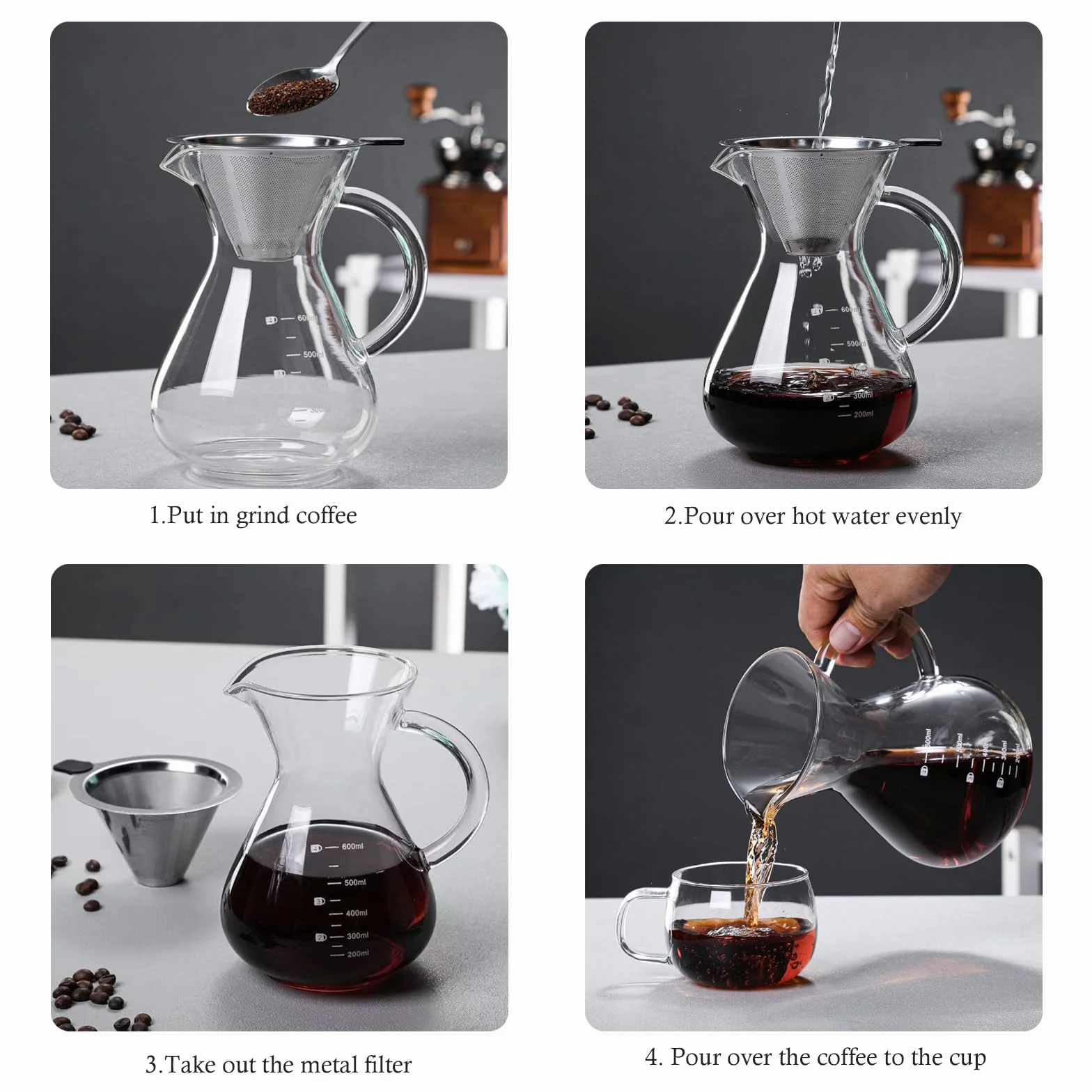 Pour Over Kaffeebereiter, 600ml Glas Kaffeekanne mit Filter und Hitzebeständigem Griff, Pour Over Coffee Maker Handbrüh Kaffeebereiter für bis zu 4 Tassen für Baristas Hause und Café