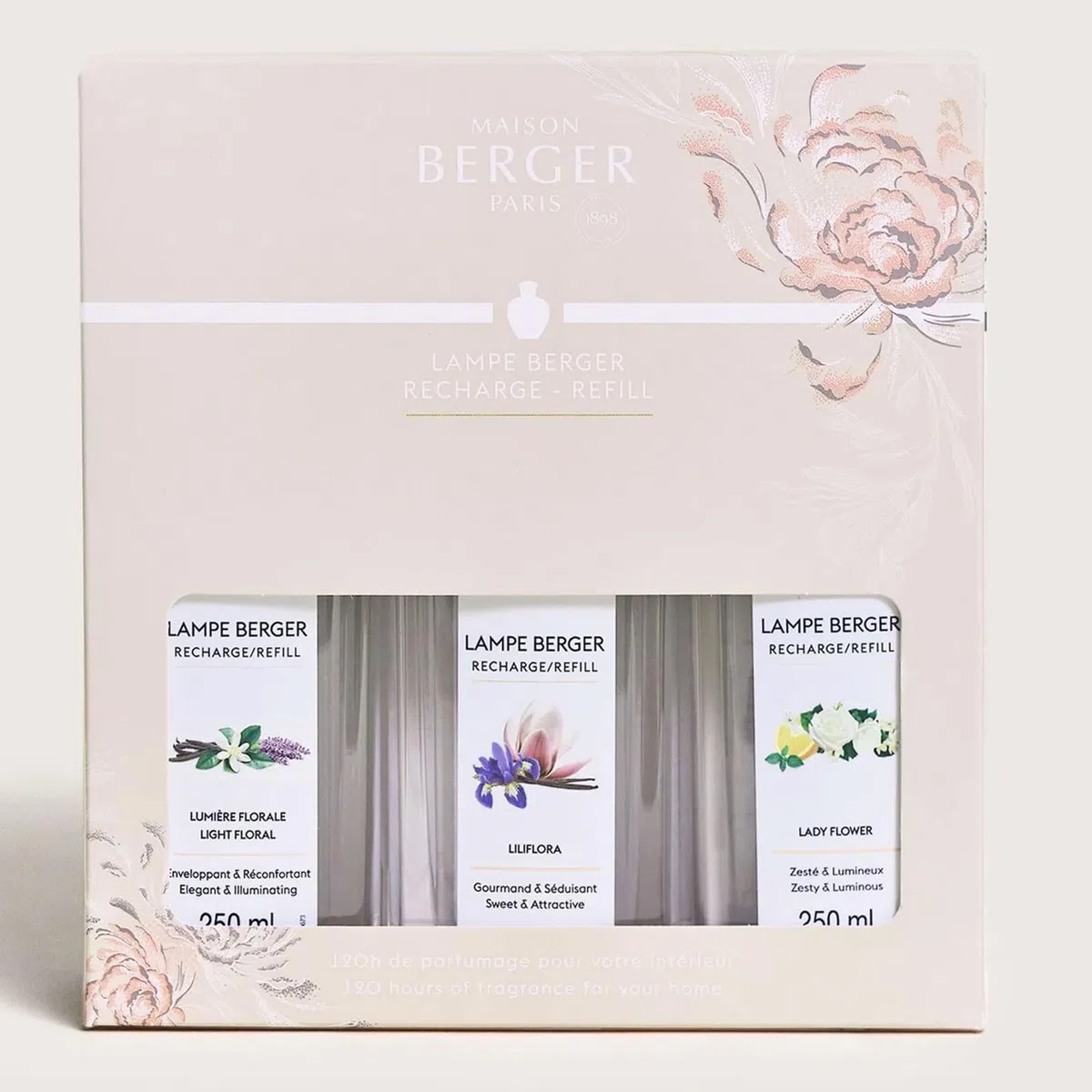 Lampe Berger – TrioPack Kollektion Ophelia – Set mit 3 Flaschen à 250 ml – Lumière Florale – Lady Flower und Liliflora – in elegantem Geschenkkarton