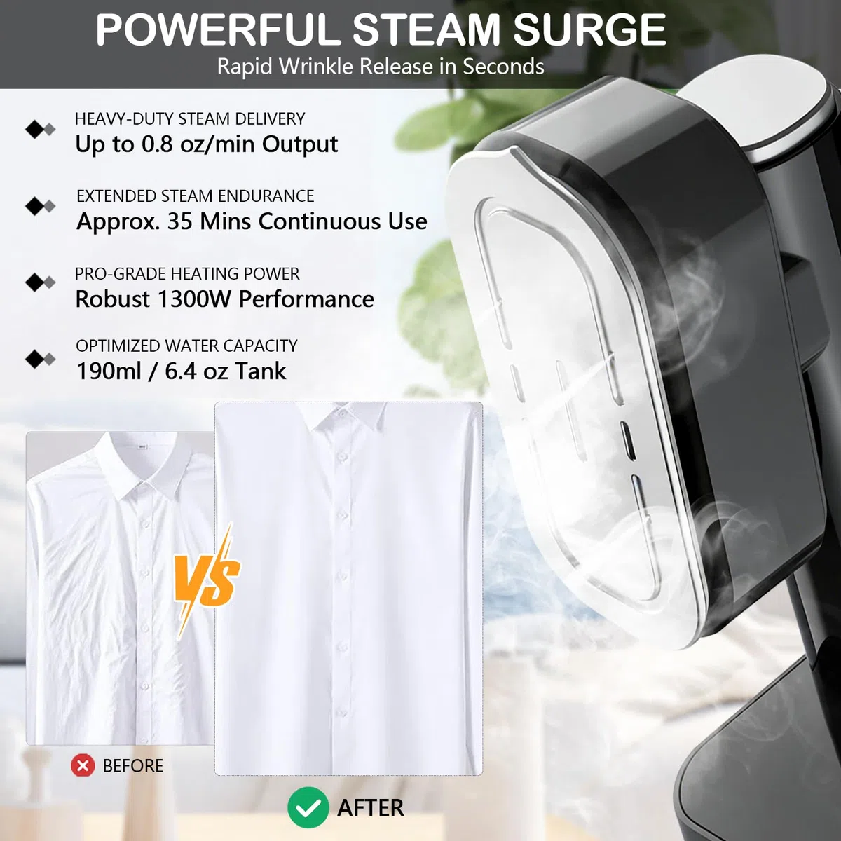 Steamer Dampfglätter 1300W, Tragbarer Handdampfbügler mit 190ml Wassertank, 15s Schnellaufheizung, Digitalanzeige, 4 Dampfstufen mit Trocken & Selbstreinigung