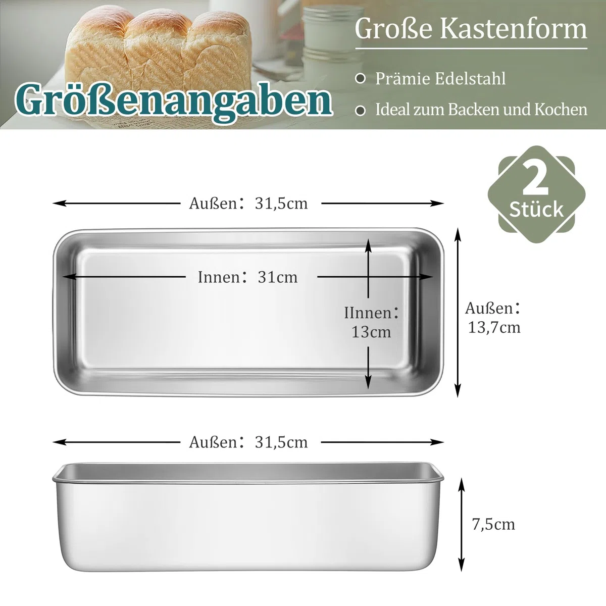 Onader Brotbackform 2er Set, 31cm Edelstahl Groß Kastenform Brotform, 7,5cm Tiefe Rechteckig Backform Für Für Kuchen, Brot, Toast und Lasagne, Gesund & Solide, Ofenfest & Spülmaschinenfest