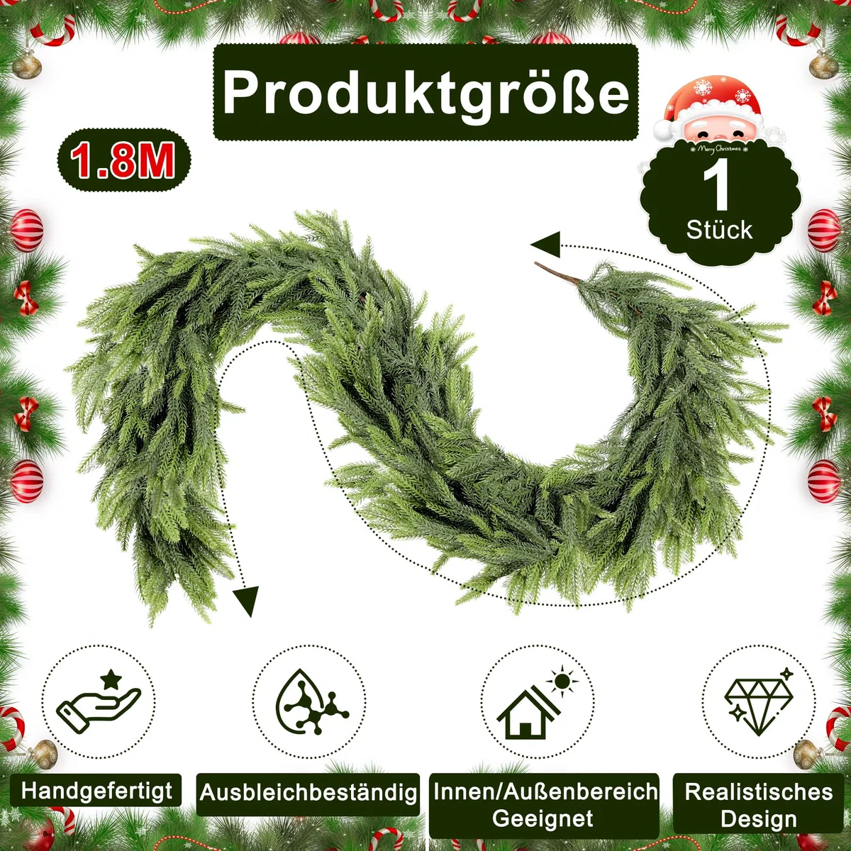 Girlande Weihnachten künstliche Tannengirlande Weihnachtsgirlande, 1,8m Norfolk Kiefer Girlande für Kamin Fenster Treppen und Weihnachtsdeko