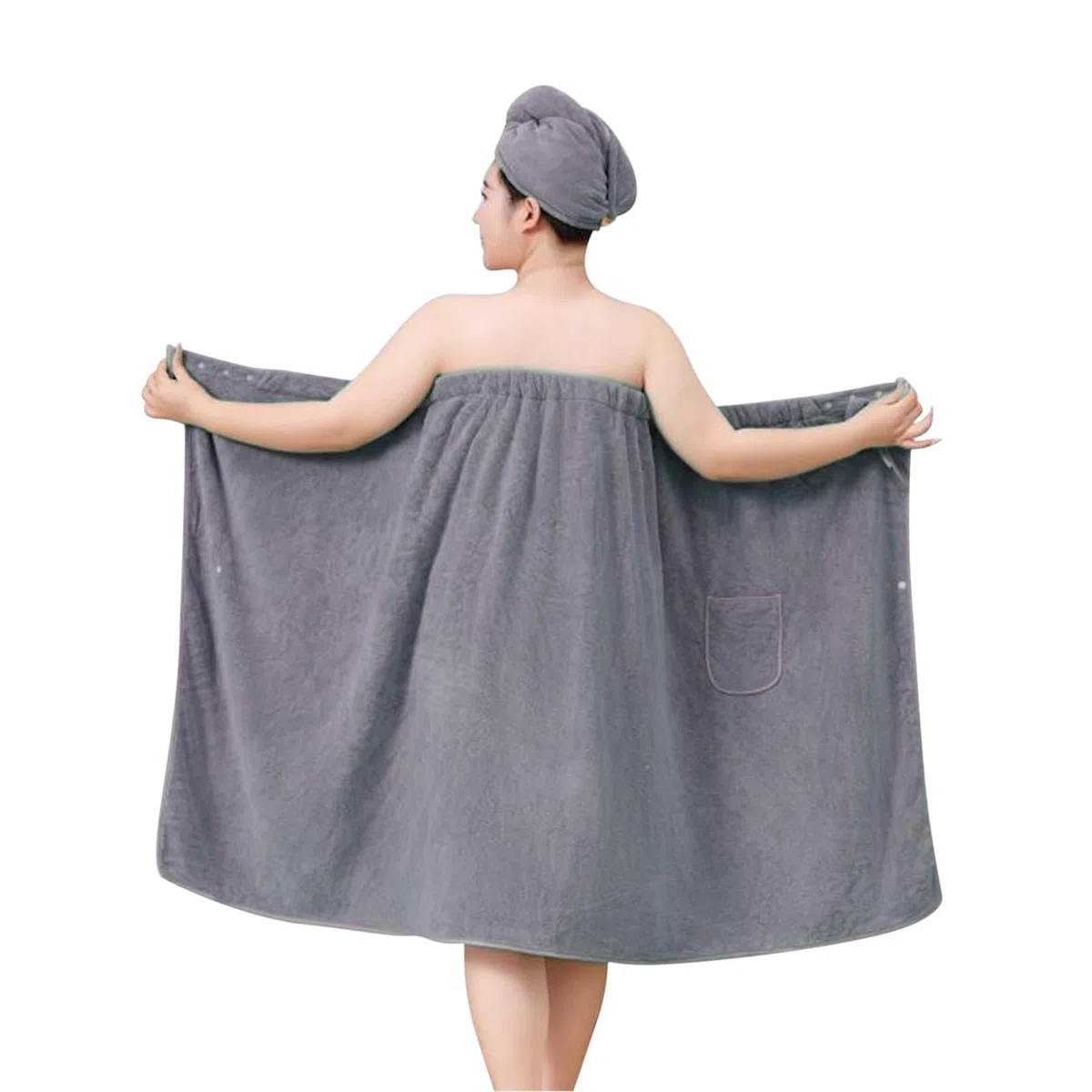 Groß Damen Saunakilt Haartuch Set Saunatuch Duschhaube Damen verstellbar Saunahandtuch Duschtuch Frauen Badetuch mit Druckknöpfen Bademantel für Sauna, Dusche, Strand, Schwimmbad,80x180cm (Grau)