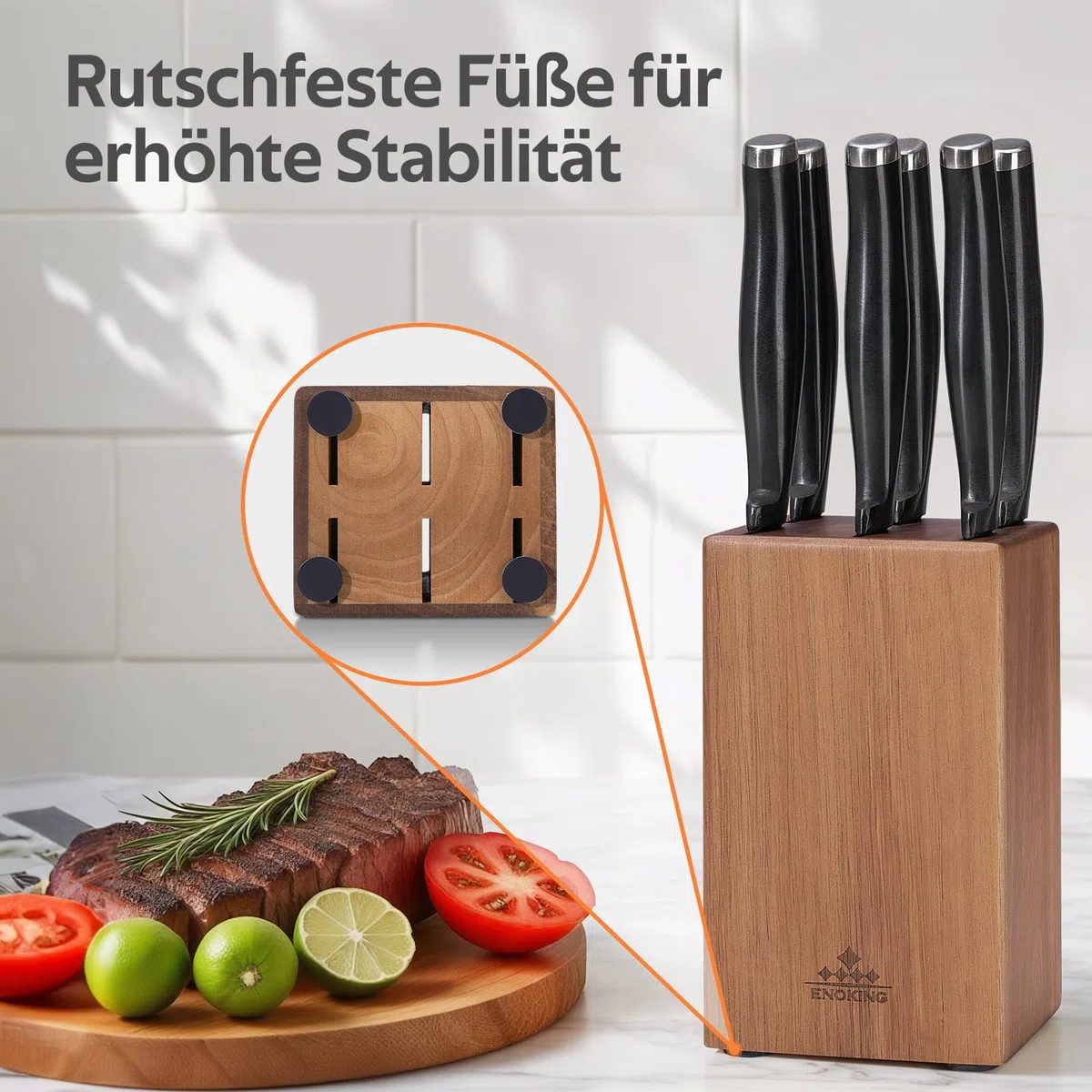 ENOKING Steakmesser Messerblock Ohne Messer, 6 Schlitze Messerblock aus Akazienholz für Steakmesser, Messerhalter Ohne Steakmesser, Küchen Organizer - Platzsparendem und Kompaktem Design